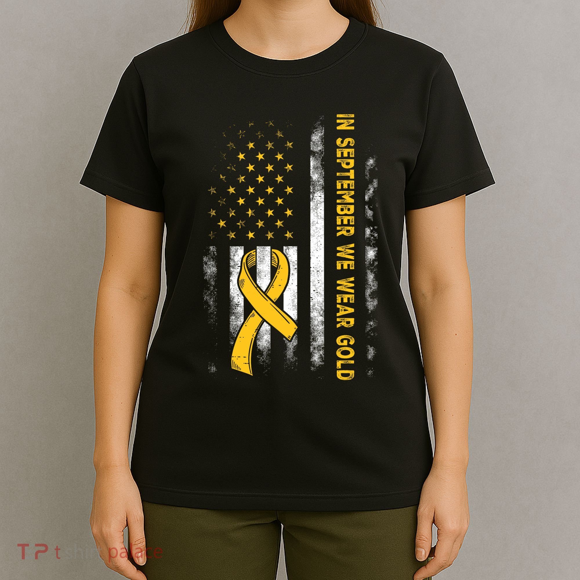 In September We Wear Gold Us Flag Childhood Cancer Awareness T-Shirt