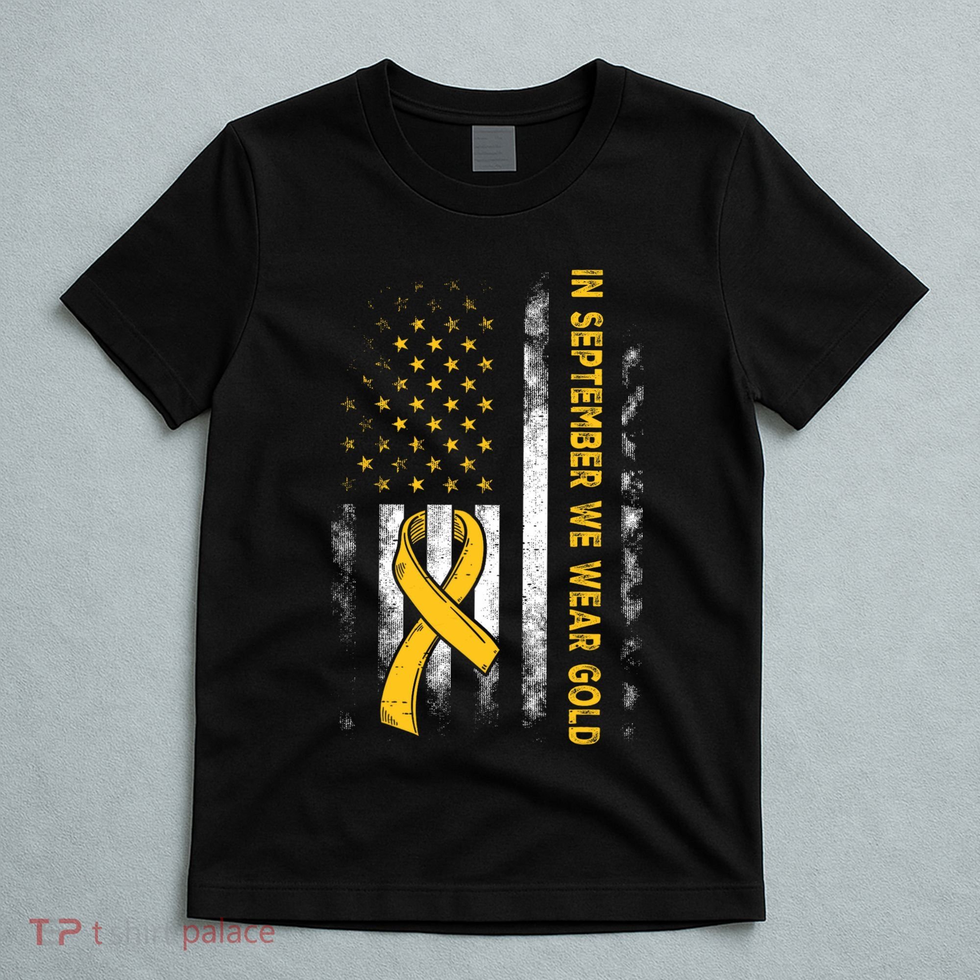 In September We Wear Gold Us Flag Childhood Cancer Awareness T-Shirt