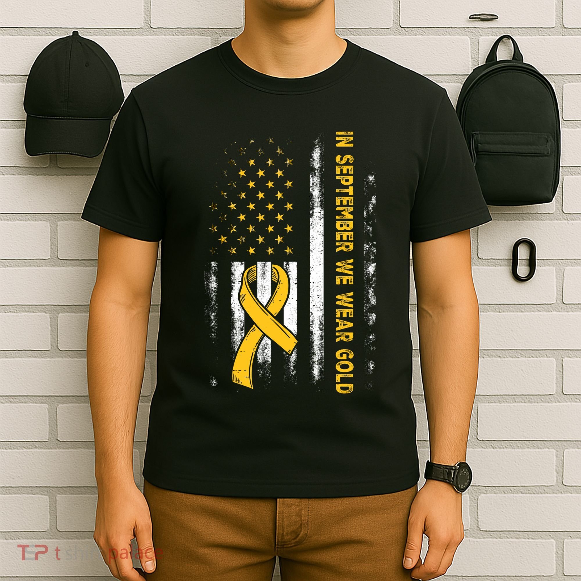 In September We Wear Gold Us Flag Childhood Cancer Awareness T-Shirt
