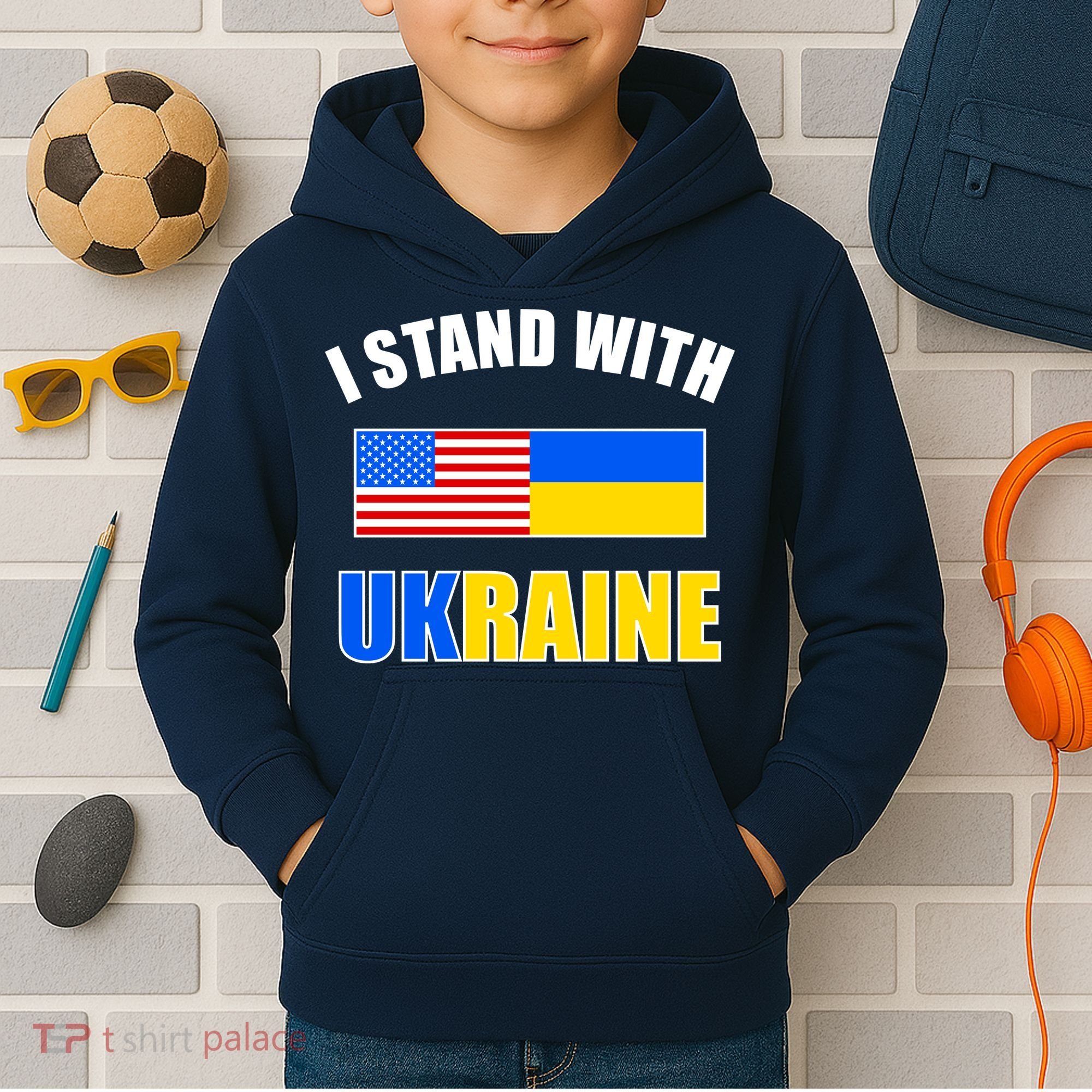 I Stand With Ukraine USA Support Flags United Kids Hoodie
