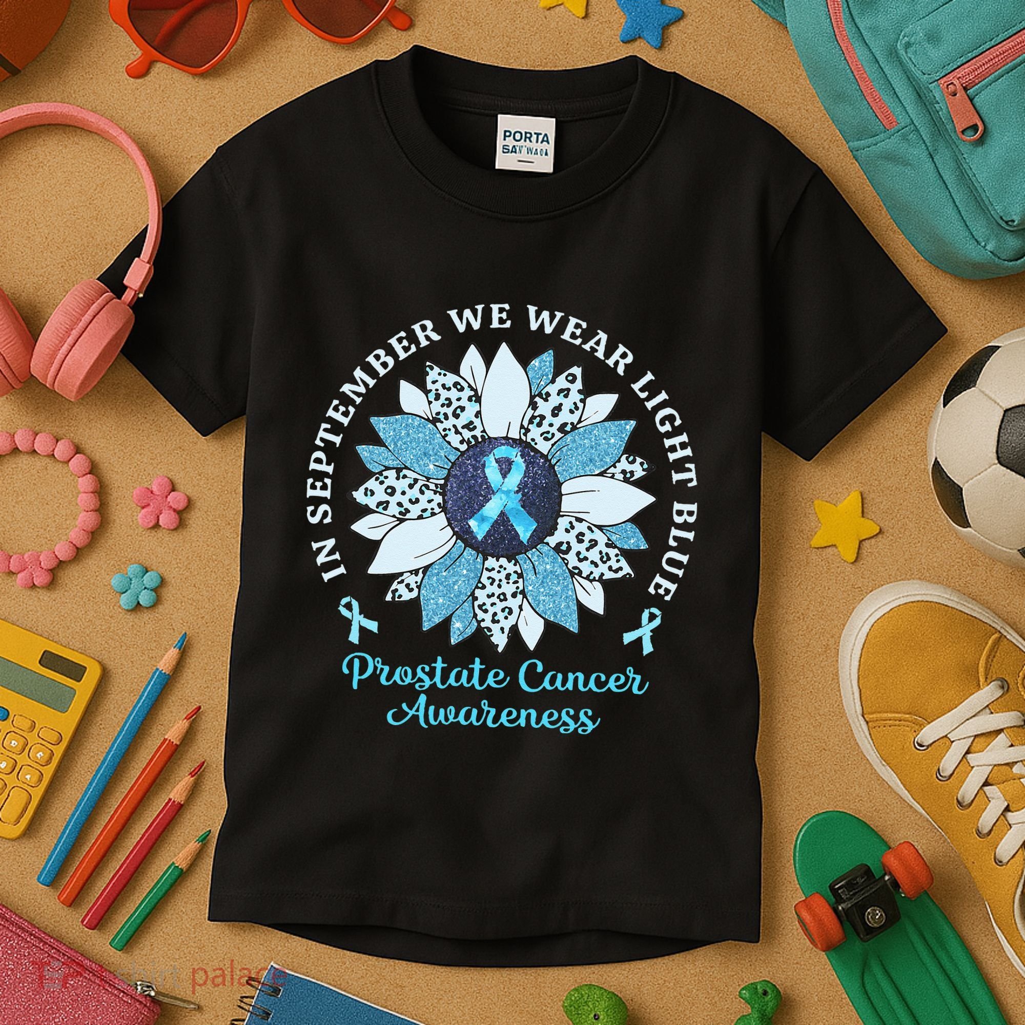 In September We Wear Light Blue Sunflower Prostate Cancer Kids T-Shirt