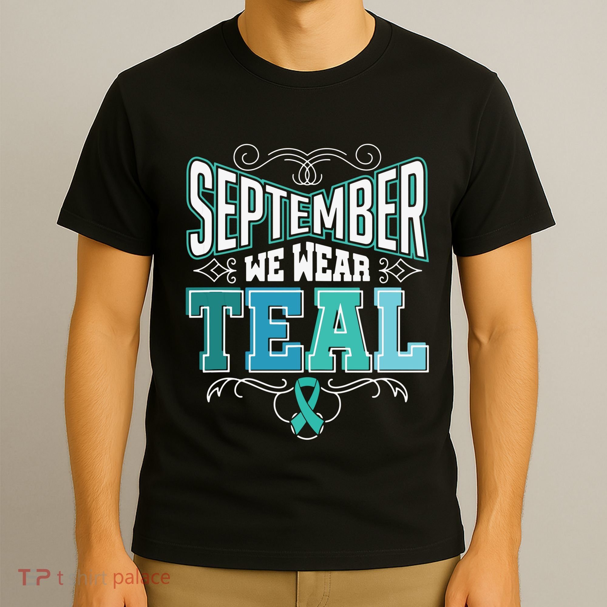 In September We Wear Teal Rainbow Ovarian Cancer Awareness Tank Top T-Shirt