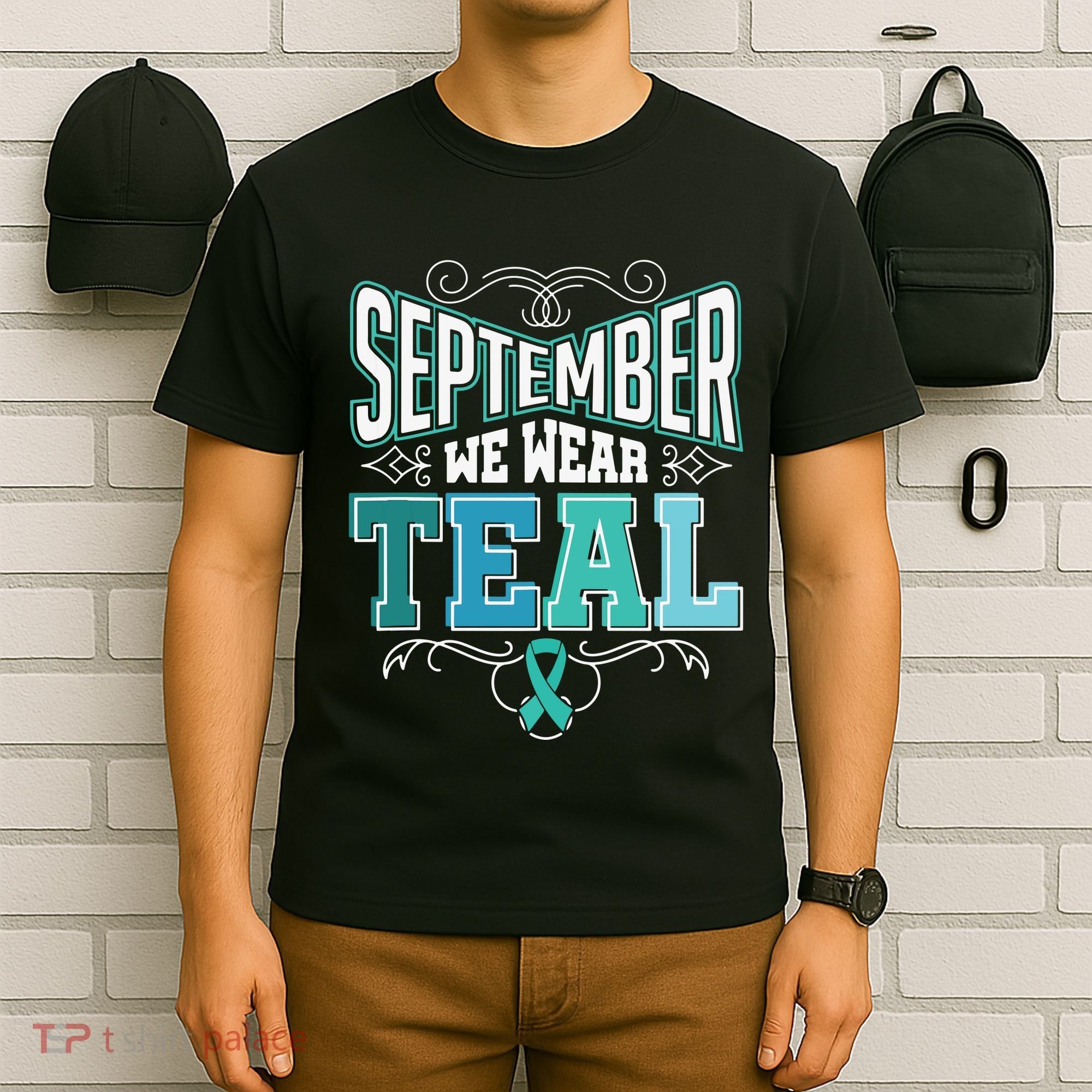 In September We Wear Teal Rainbow Ovarian Cancer Awareness Tank Top T-Shirt
