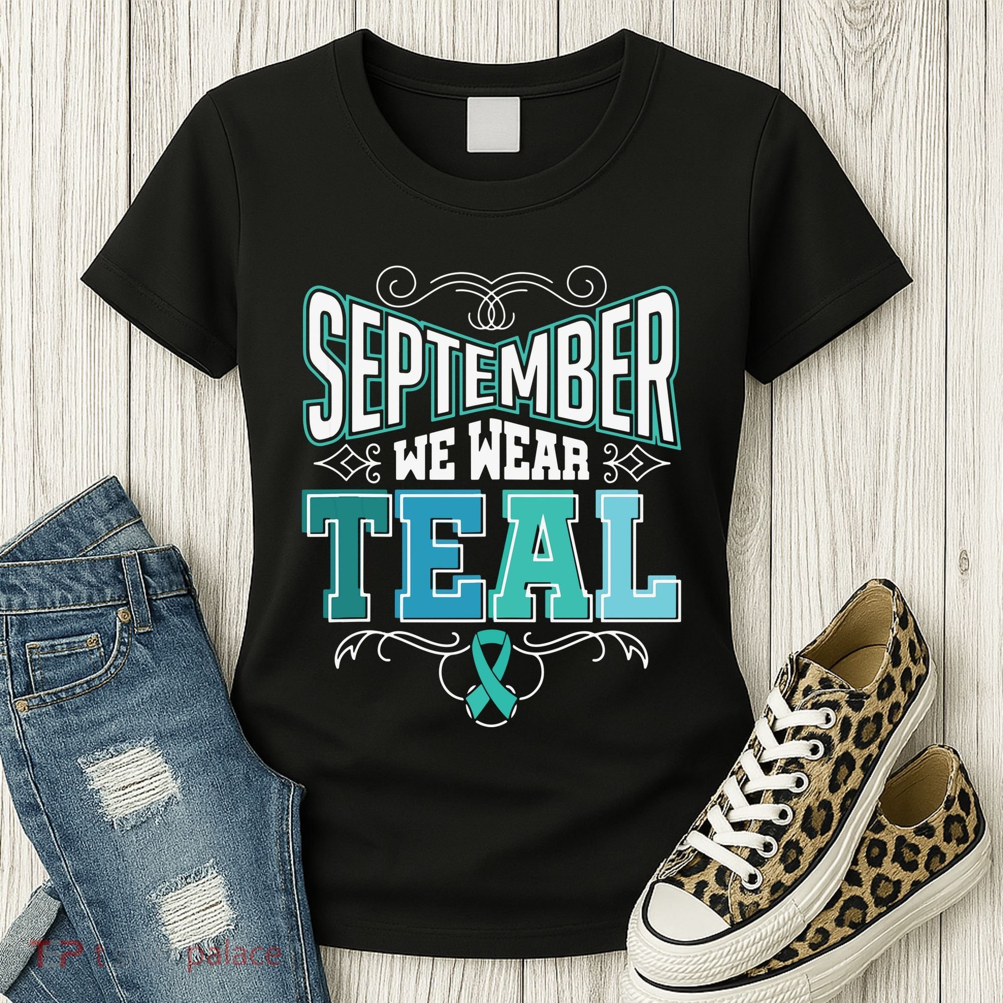 In September We Wear Teal Rainbow Ovarian Cancer Awareness Tank Top Women's T-Shirt