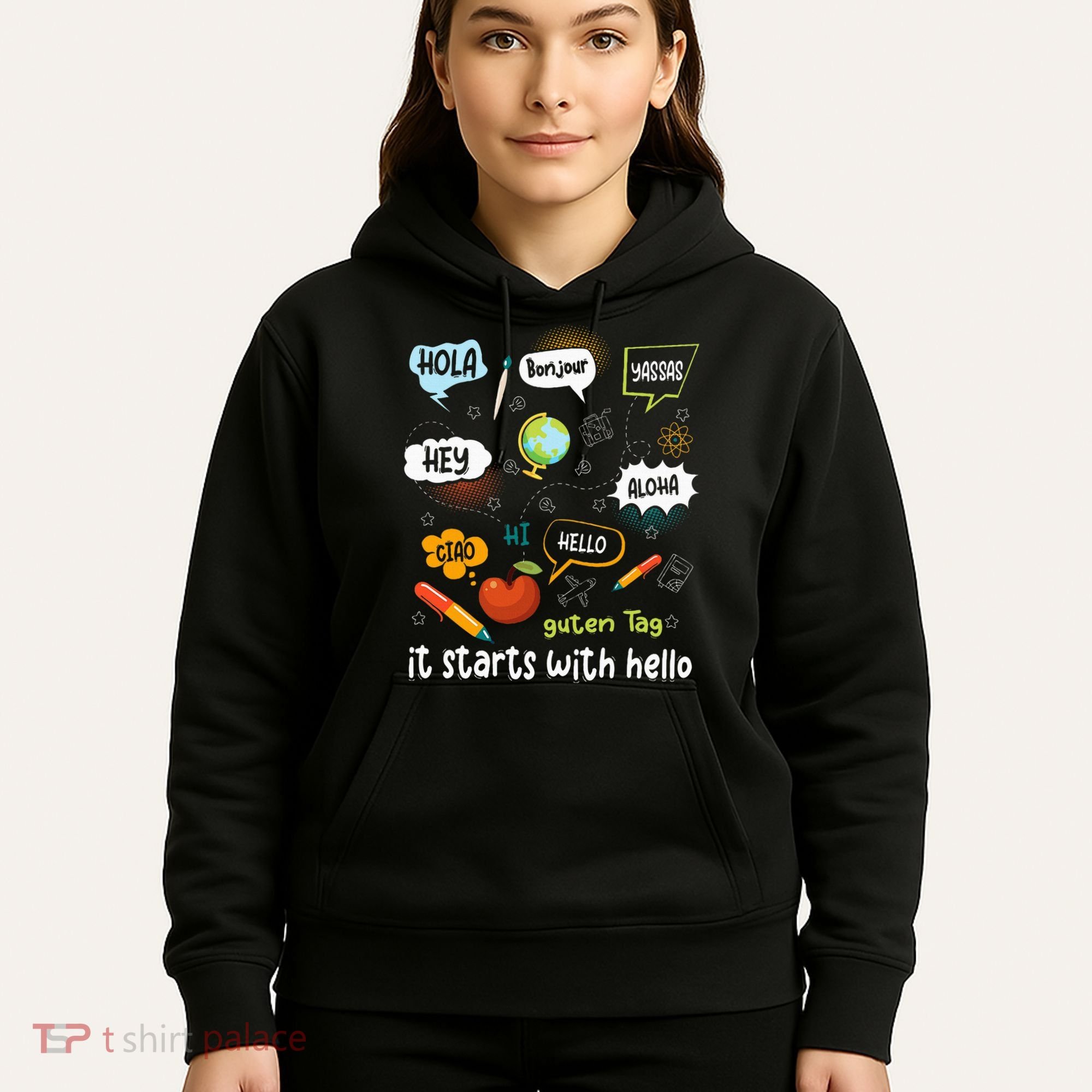 It Starts With Hello Friendship Inclusion Language Hoodie