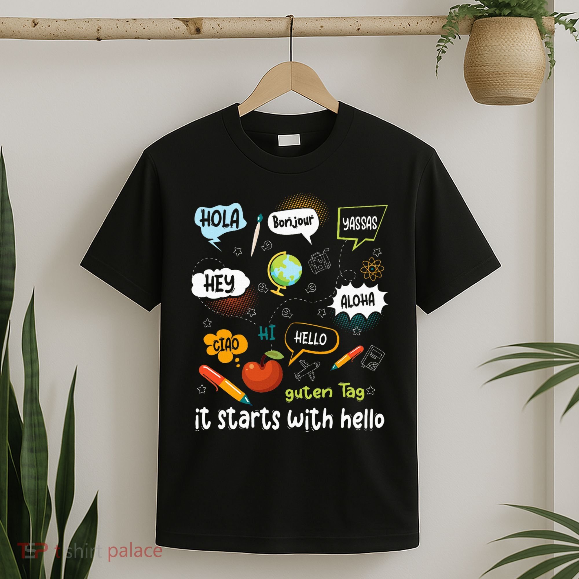 It Starts With Hello Friendship Inclusion Language T-Shirt