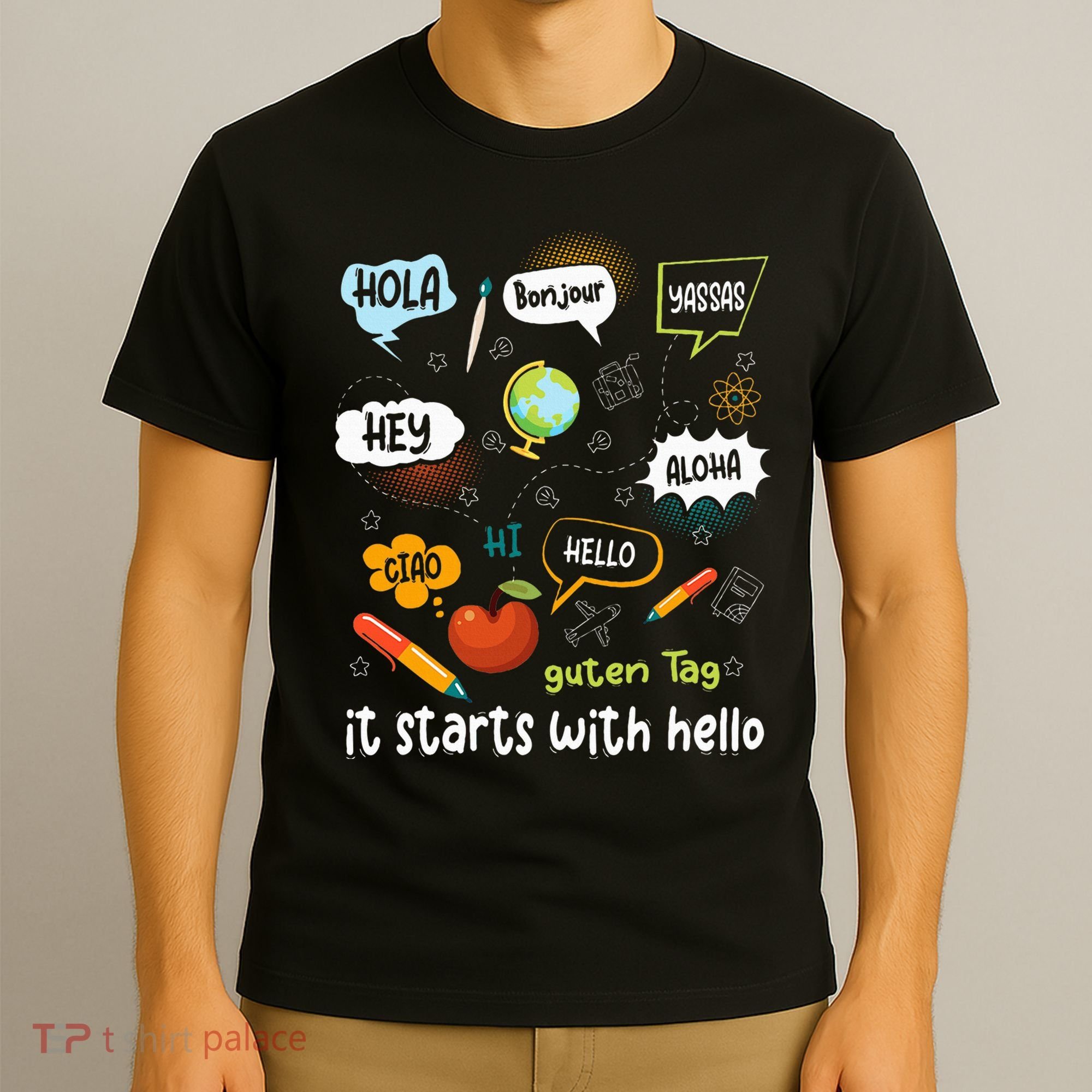 It Starts With Hello Friendship Inclusion Language T-Shirt
