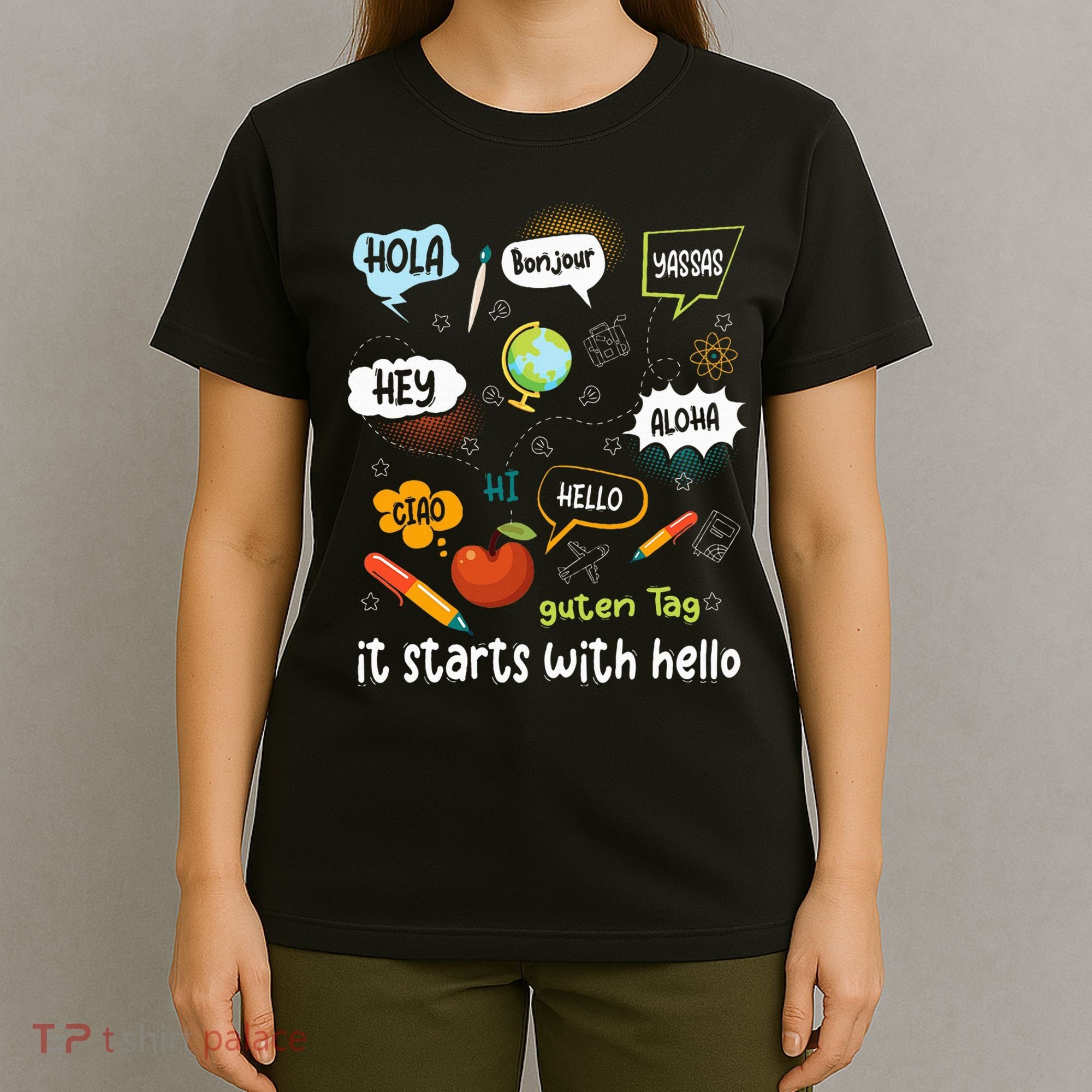 It Starts With Hello Friendship Inclusion Language T-Shirt