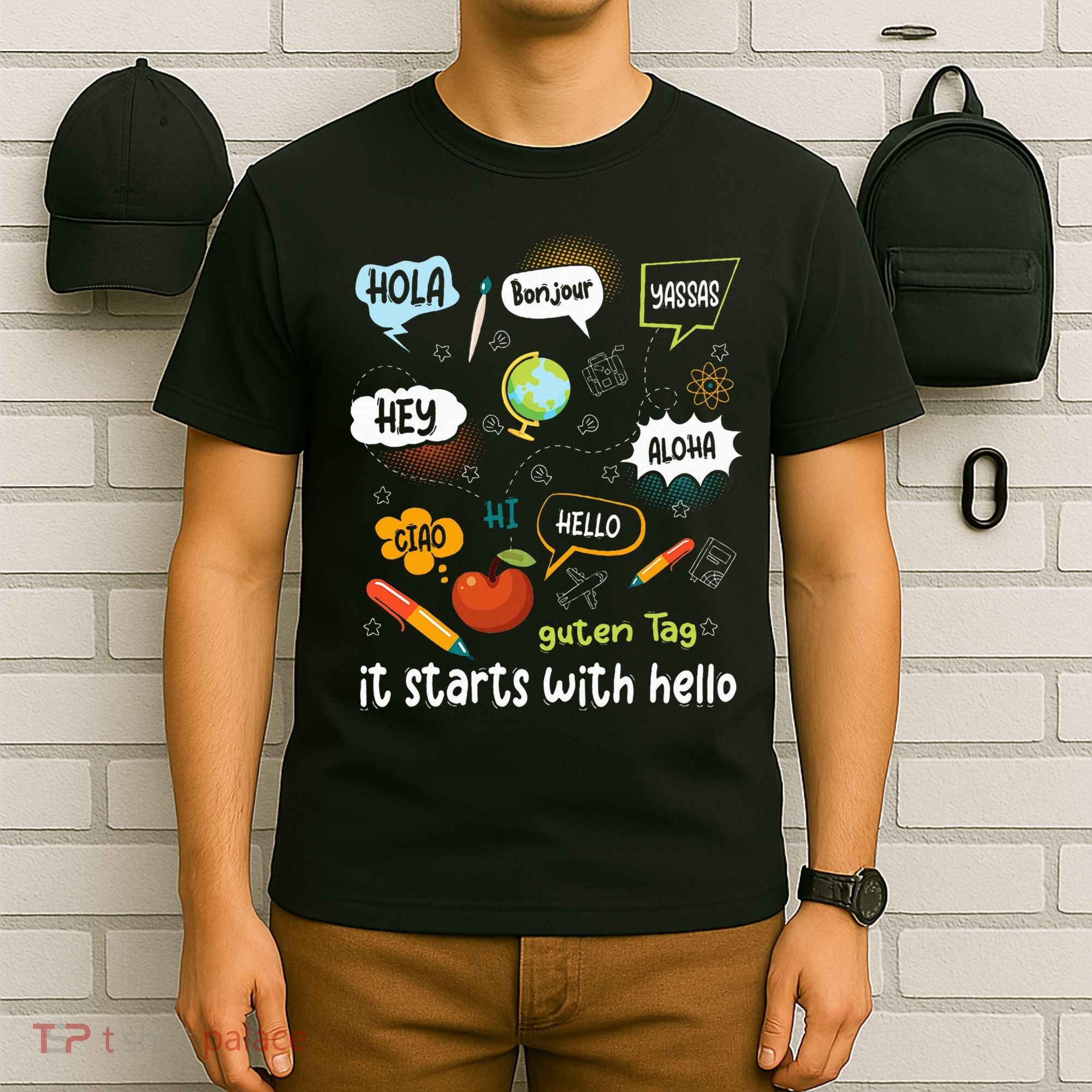 It Starts With Hello Friendship Inclusion Language T-Shirt
