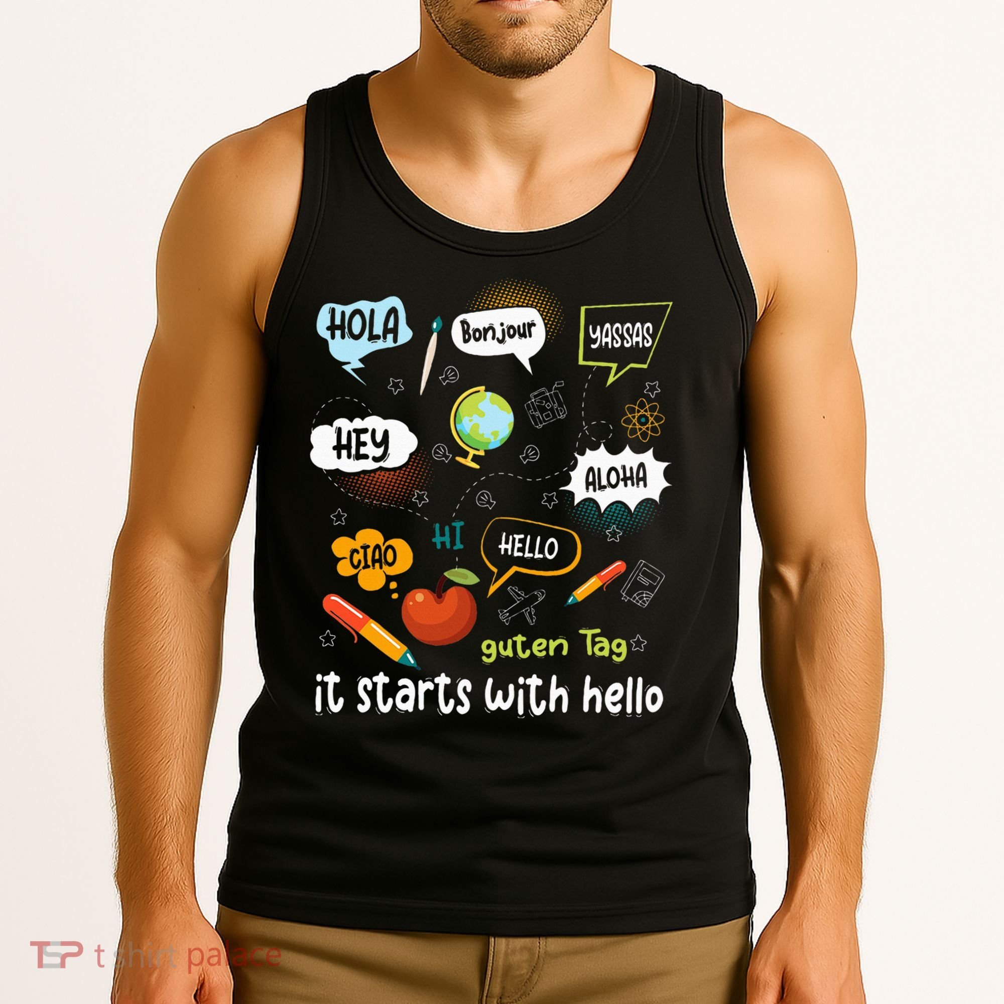 It Starts With Hello Friendship Inclusion Language Tank Top