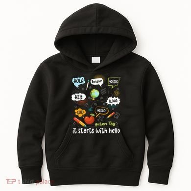 It Starts With Hello Friendship Inclusion Language Kids Hoodie