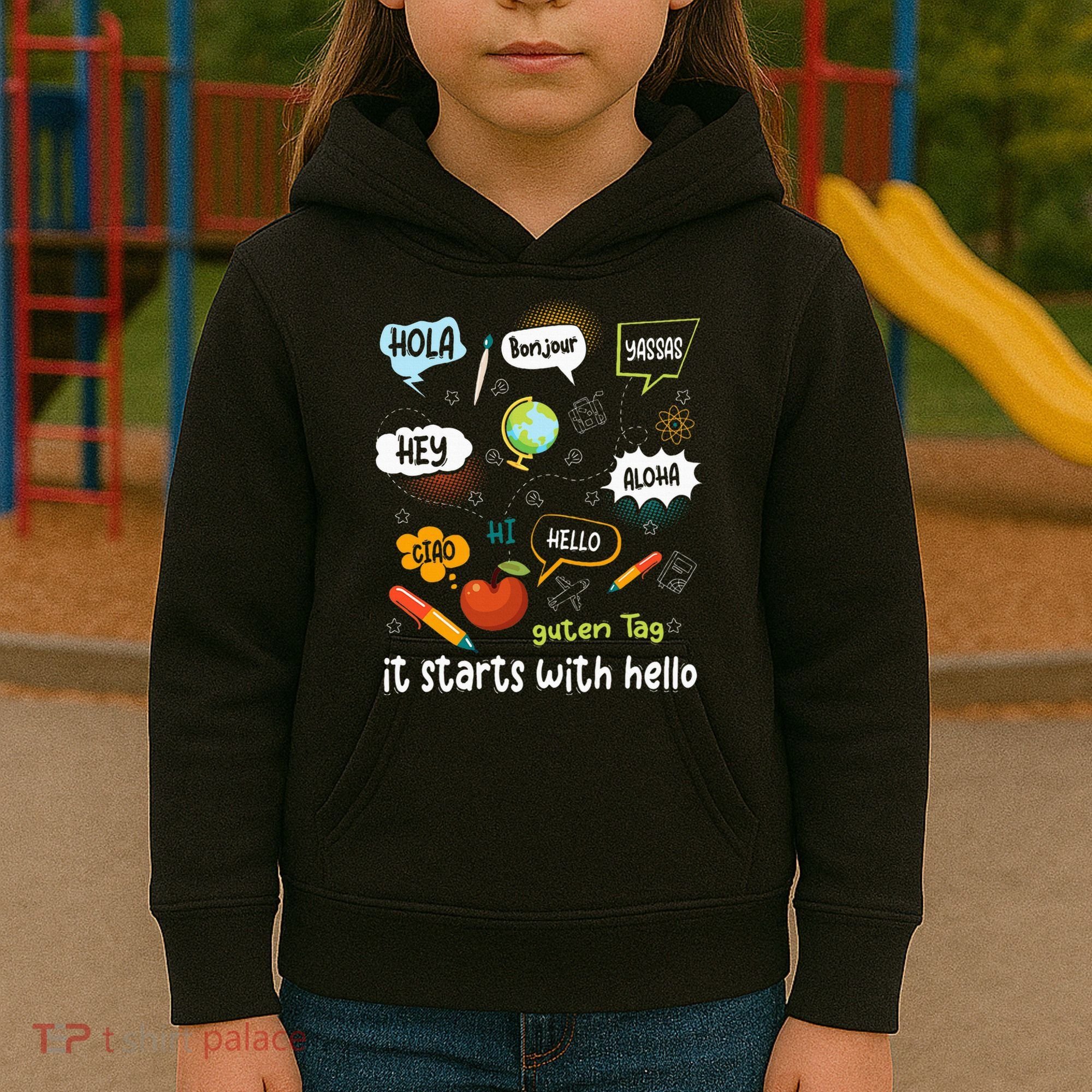 It Starts With Hello Friendship Inclusion Language Kids Hoodie