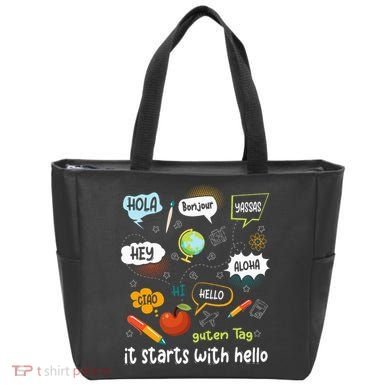 It Starts With Hello Friendship Inclusion Language Tote Bag
