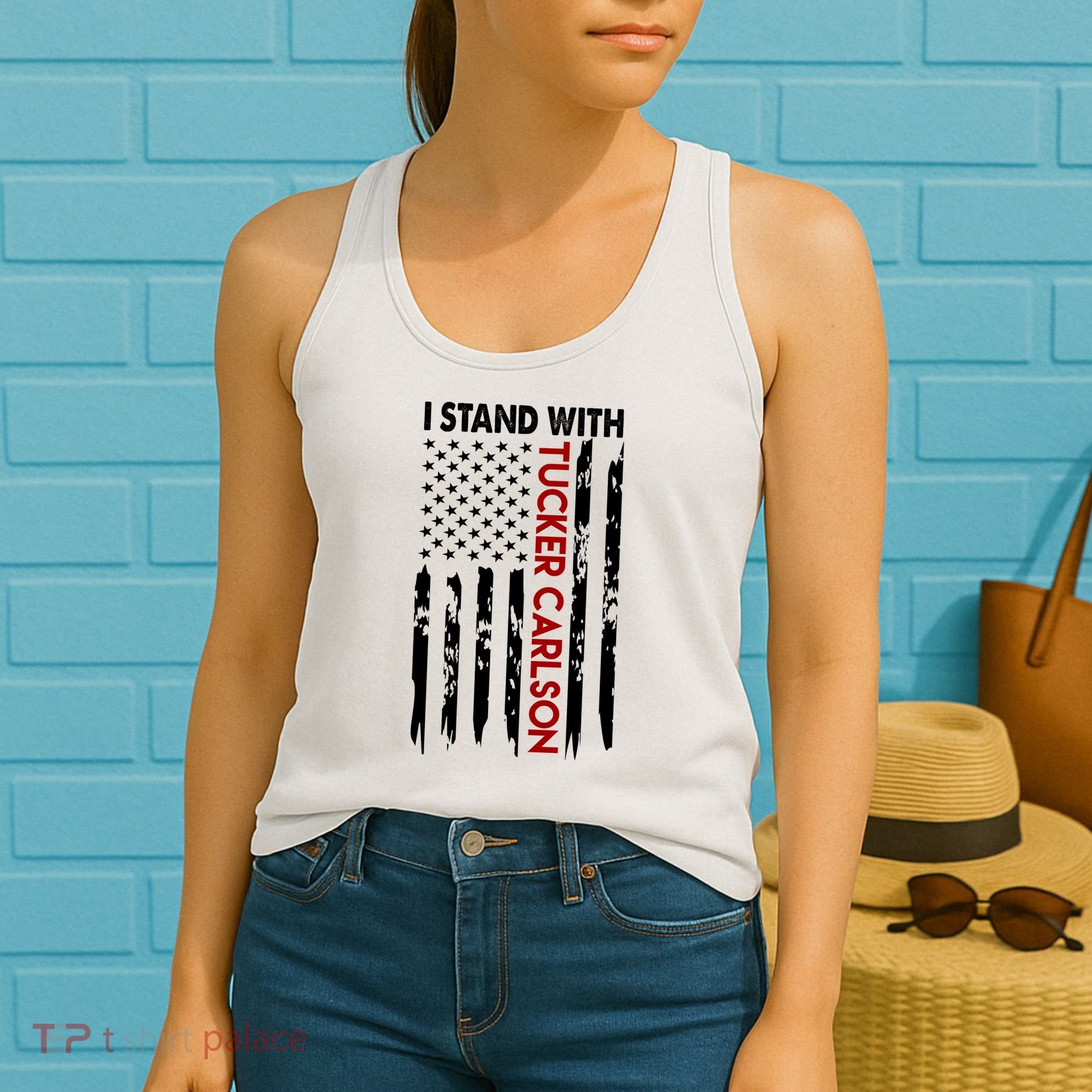 I Stand With Tucker Carlson American Flag Political Women's Tank Top