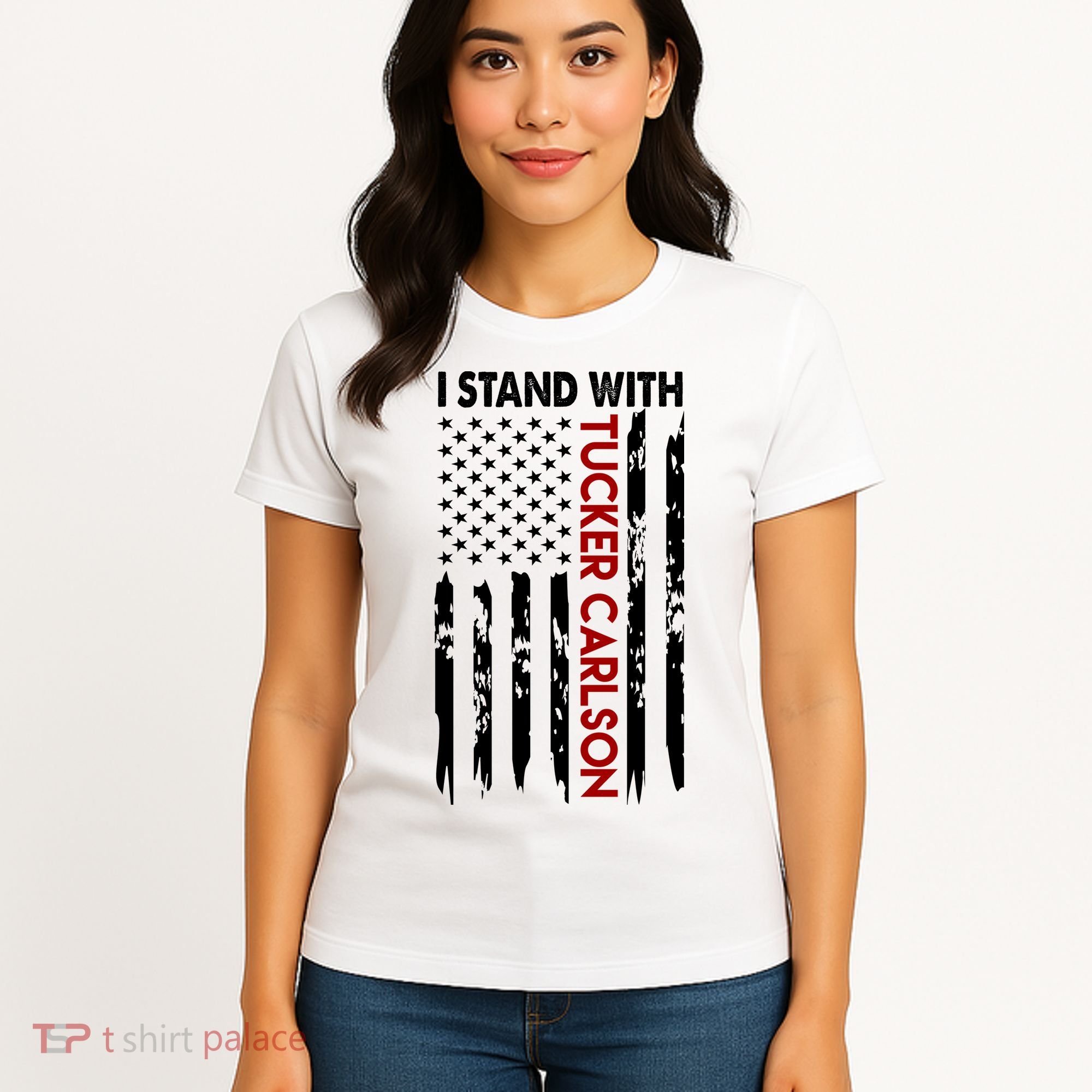 I Stand With Tucker Carlson American Flag Political Women's T-Shirt
