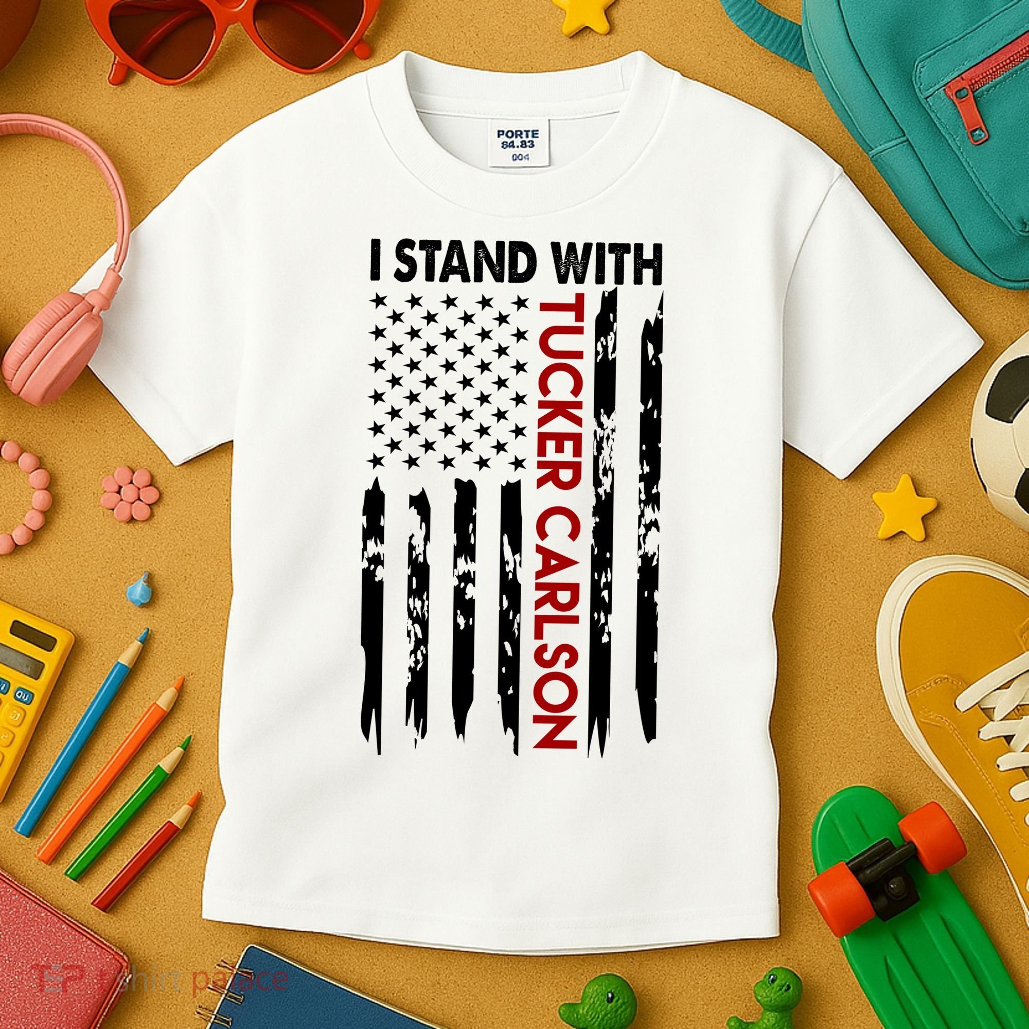 I Stand With Tucker Carlson American Flag Political Kids T-Shirt