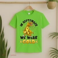 In September We Wear Gold Trex Dinosaur Childhood Cancer Awareness T-Shirt thumb 2