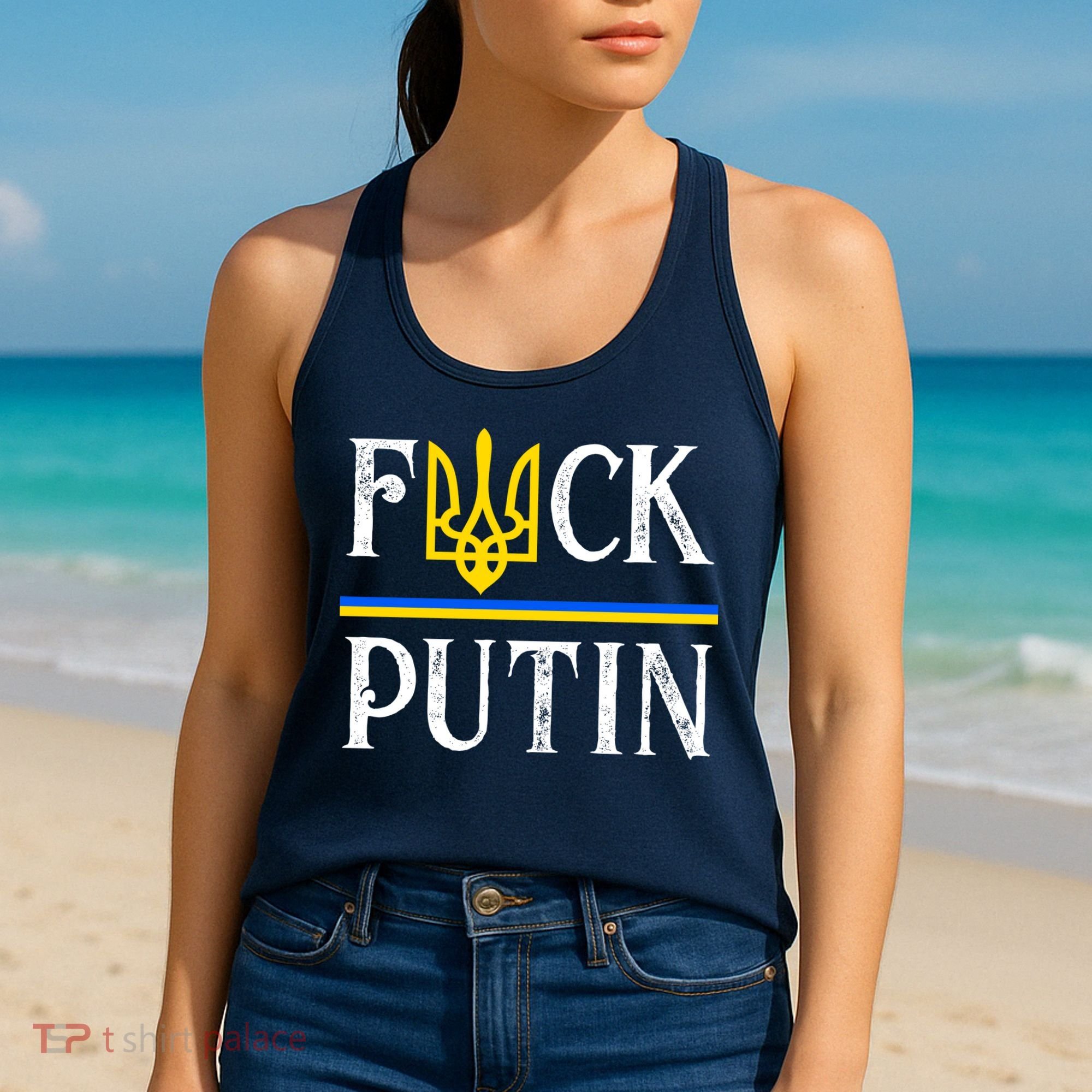 I Stand With Ukraine Flag Logo Trident Funny Anti Putin Women's Tank Top