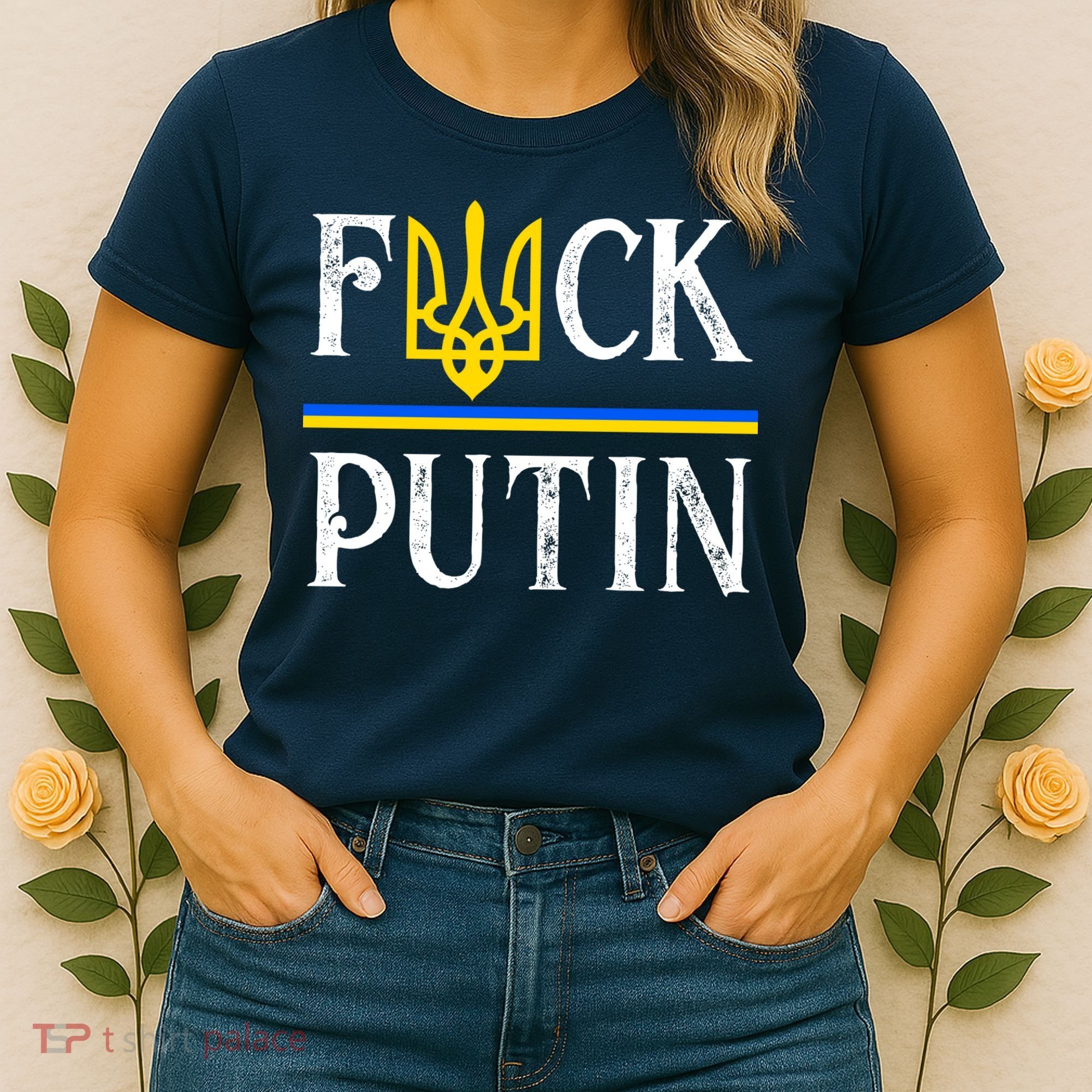 I Stand With Ukraine Flag Logo Trident Funny Anti Putin Women's T-Shirt