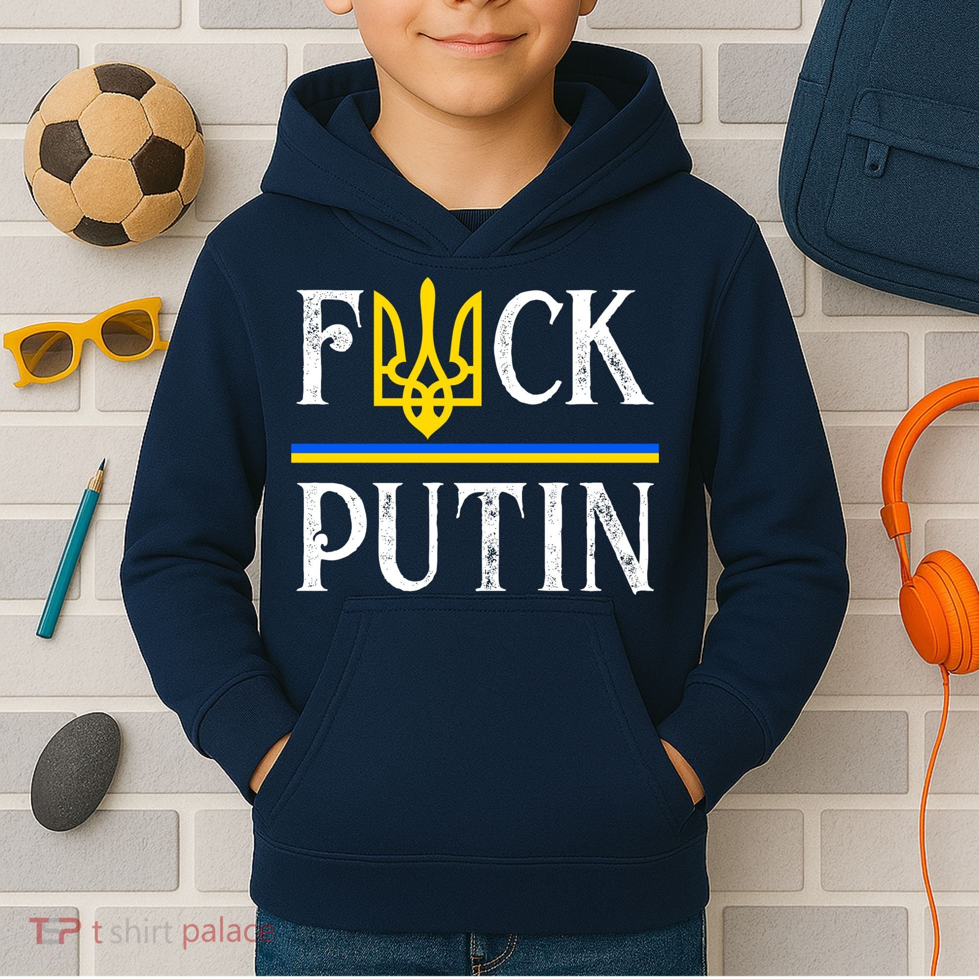 I Stand With Ukraine Flag Logo Trident Funny Anti Putin Kids Hoodie