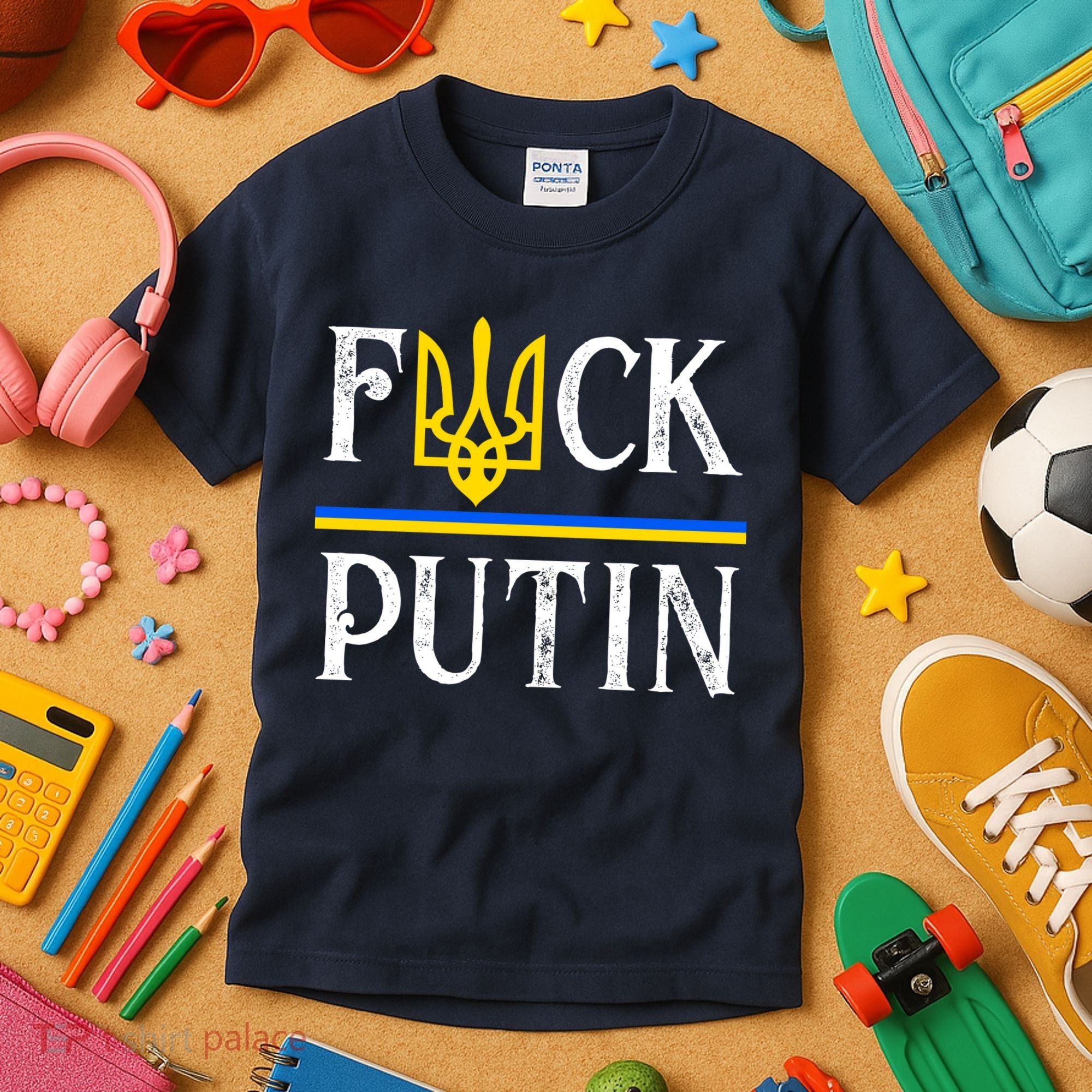 I Stand With Ukraine Flag Logo Trident Funny Anti Putin Kids T-Shirt