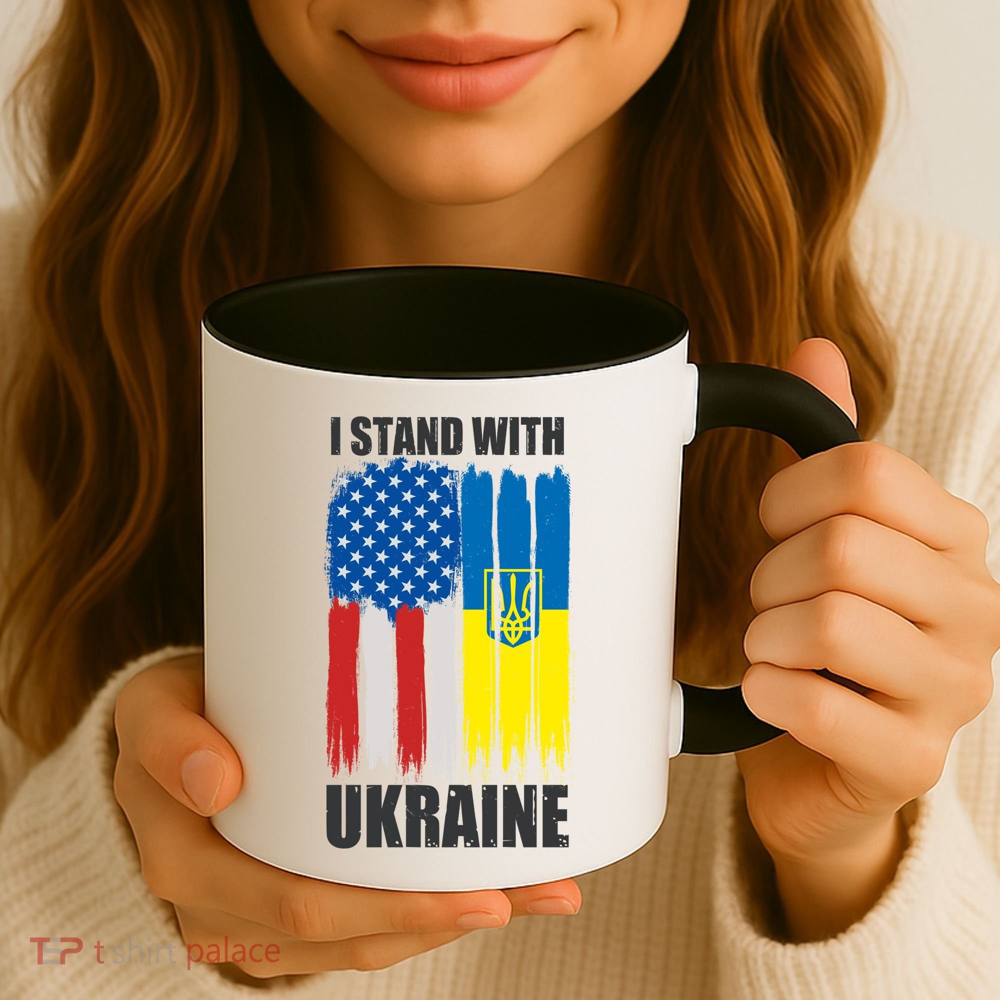 I Stand With Ukraine Painted USA Ukrainian Flags Coffee Mug