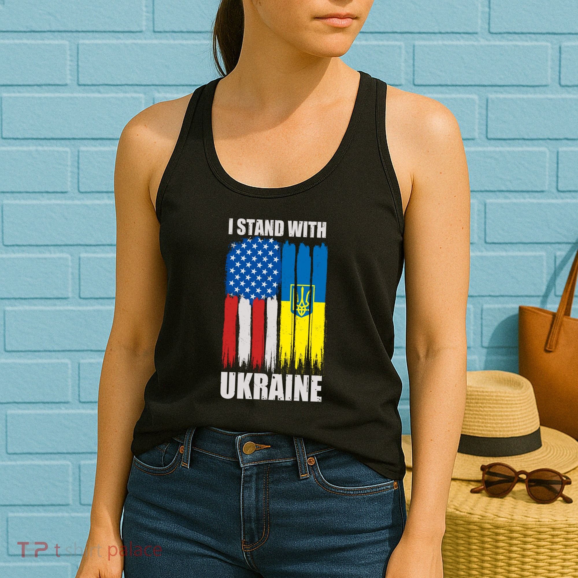 I Stand With Ukraine Painted USA Ukrainian Flags Women's Tank Top