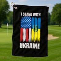 I Stand With Ukraine Painted USA Ukrainian Flags Golf Towel thumb 1