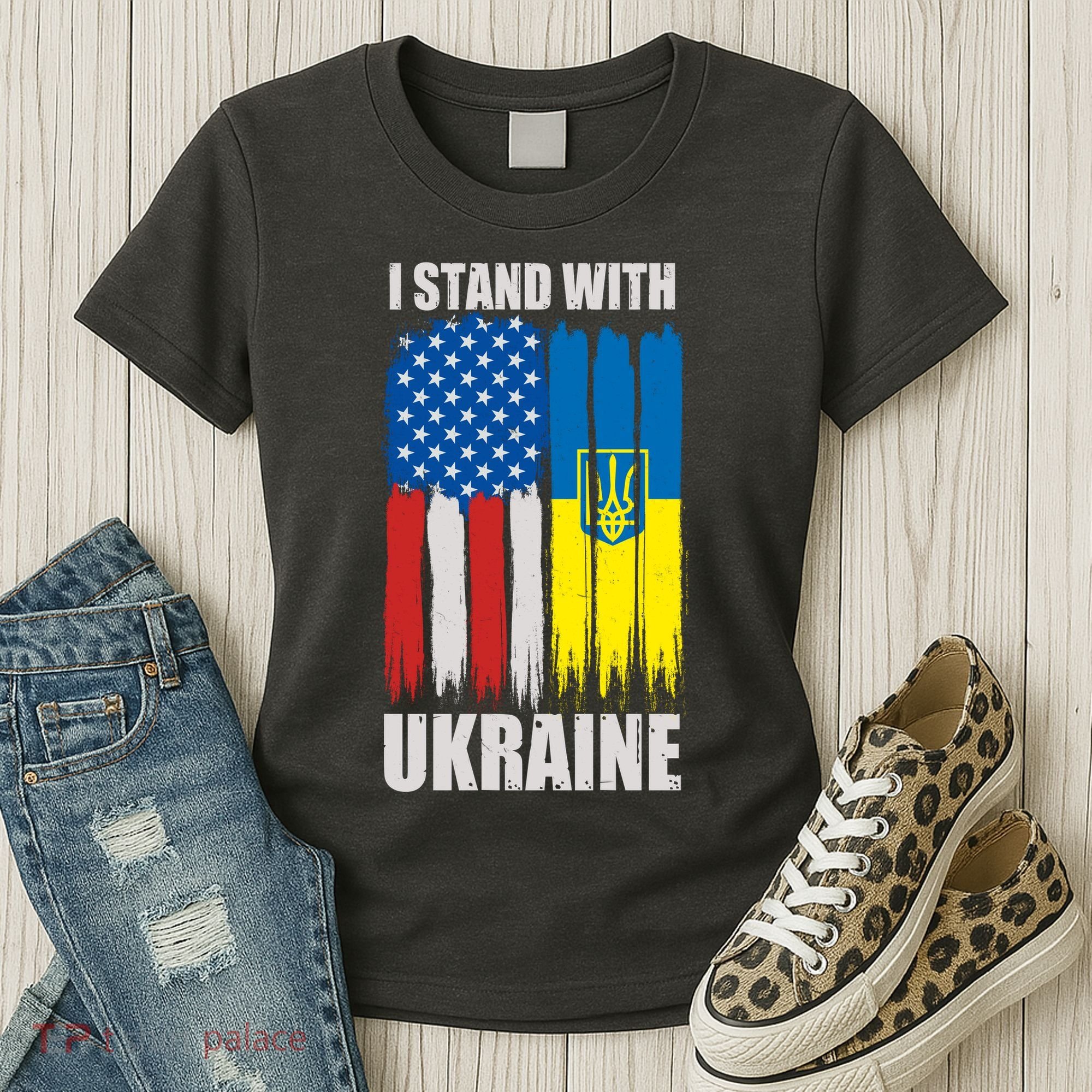 I Stand With Ukraine Painted USA Ukrainian Flags Women's T-Shirt
