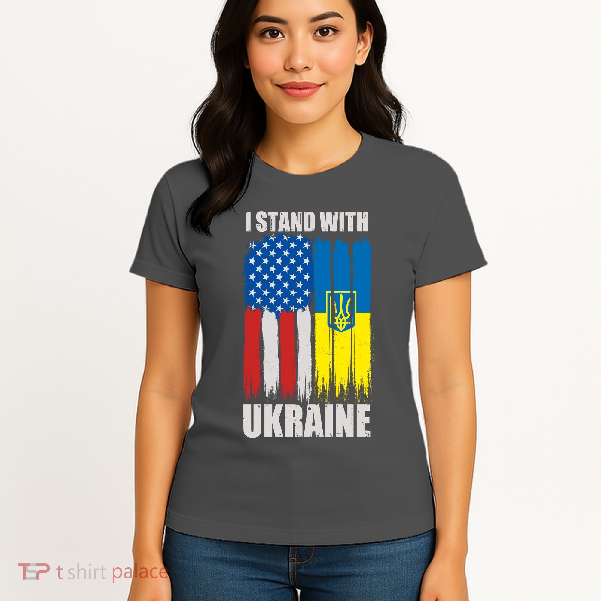 I Stand With Ukraine Painted USA Ukrainian Flags Women's T-Shirt