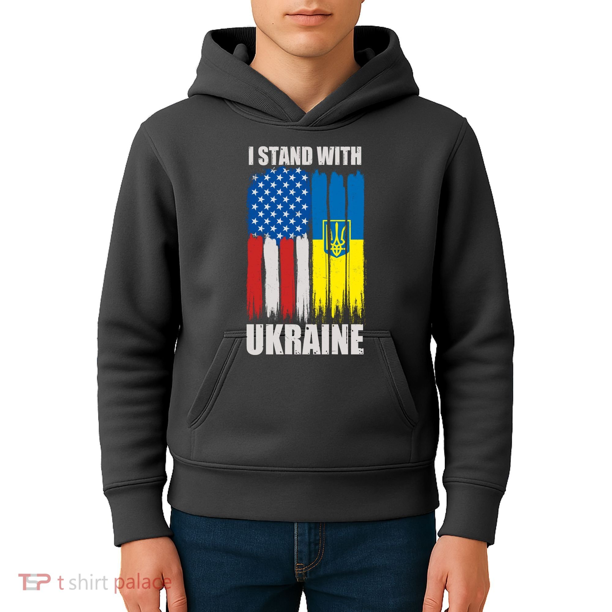 I Stand With Ukraine Painted USA Ukrainian Flags Kids Hoodie