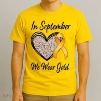 In September We Wear Gold Leopard Print Rainbow Childhood Cancer Awareness T-Shirt thumb 3