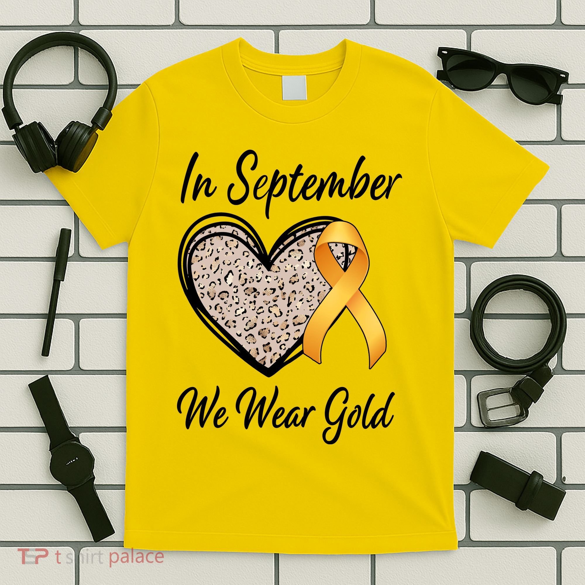 In September We Wear Gold Leopard Print Rainbow Childhood Cancer Awareness T-Shirt