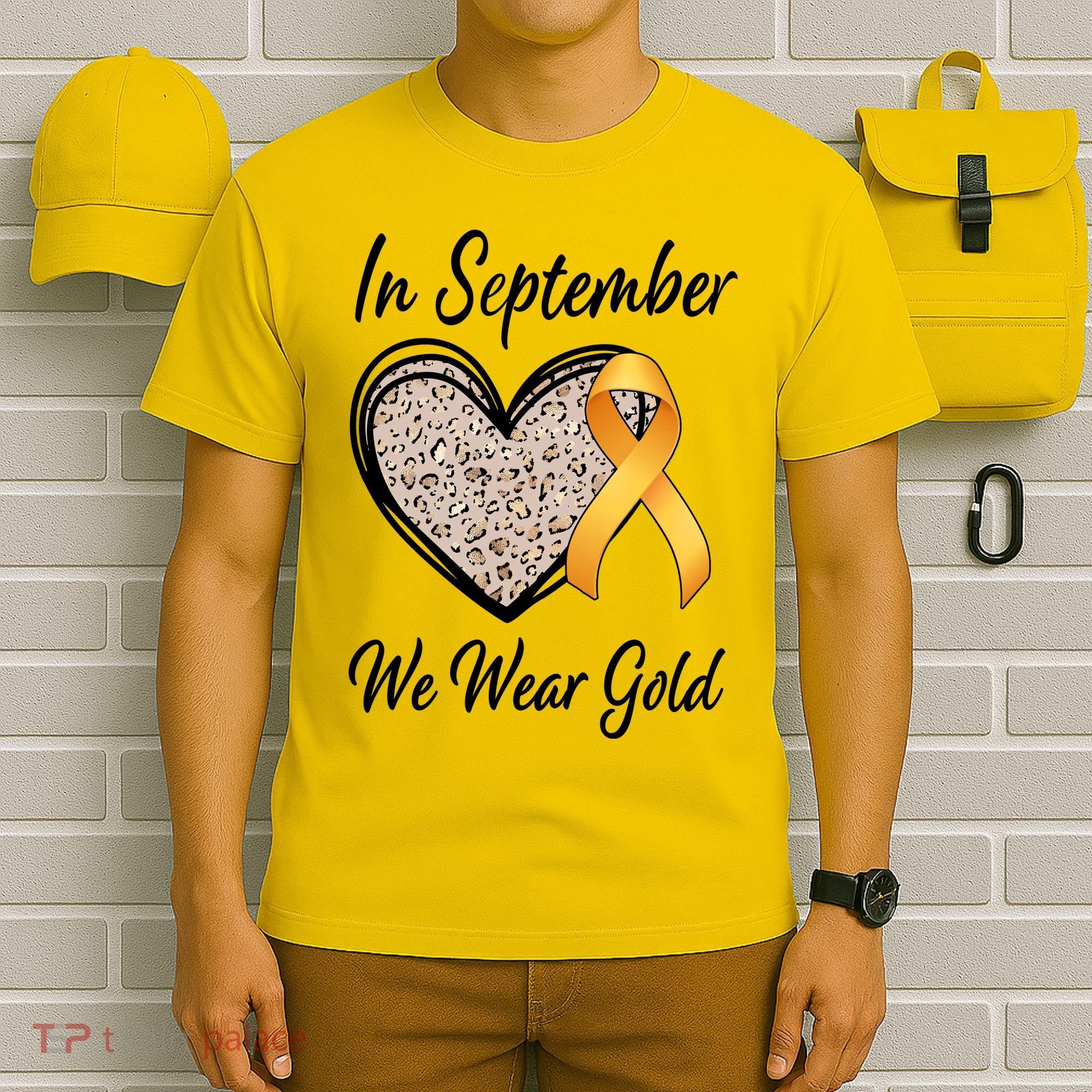 In September We Wear Gold Leopard Print Rainbow Childhood Cancer Awareness T-Shirt
