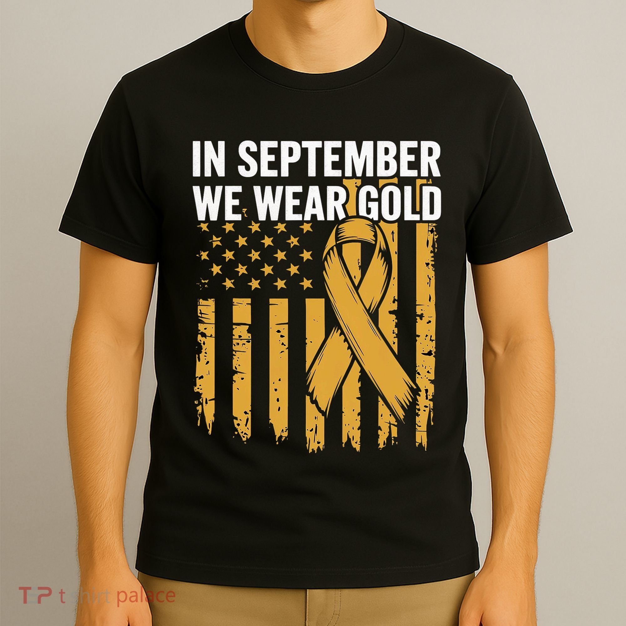 In September We Wear Gold Childhood Cancer Awareness Us Flag T-Shirt
