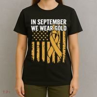 In September We Wear Gold Childhood Cancer Awareness Us Flag T-Shirt thumb 4