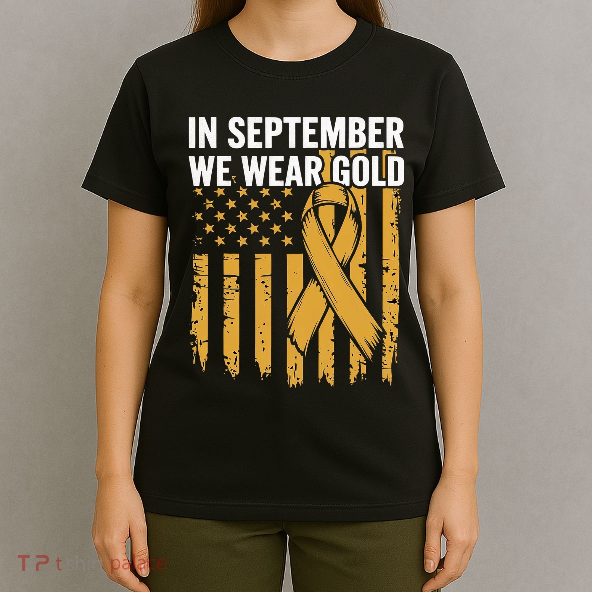 In September We Wear Gold Childhood Cancer Awareness Us Flag T-Shirt