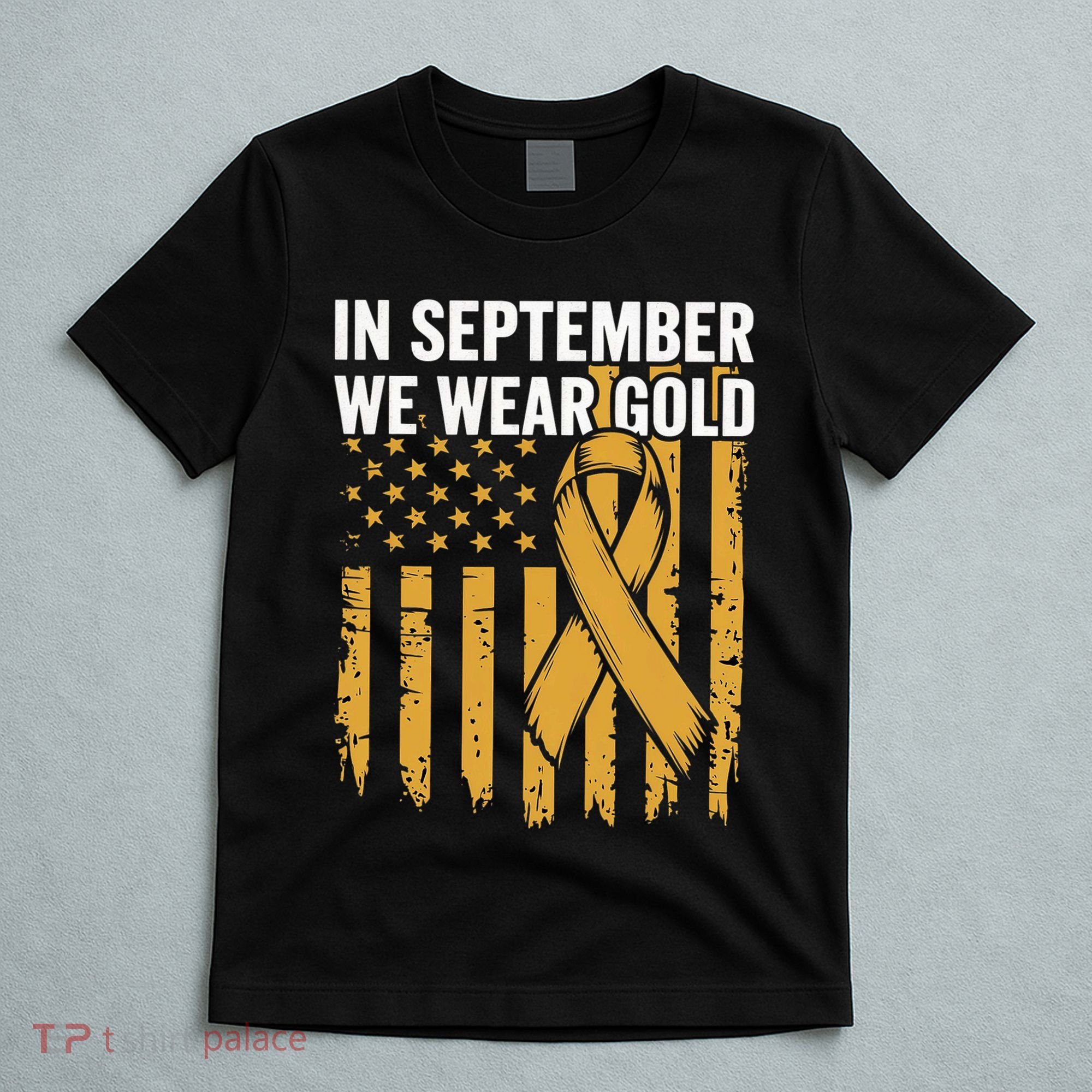 In September We Wear Gold Childhood Cancer Awareness Us Flag T-Shirt