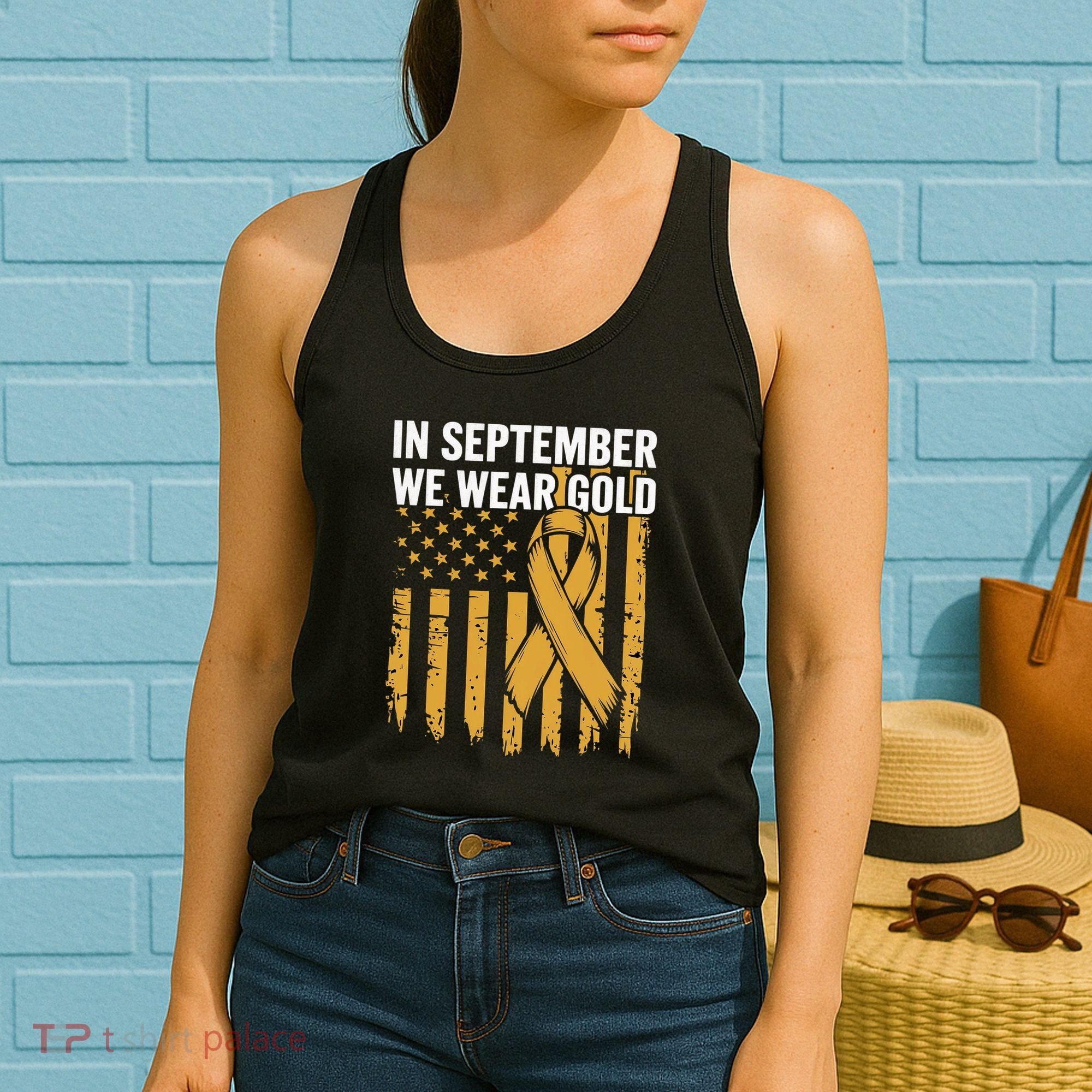 In September We Wear Gold Childhood Cancer Awareness Us Flag Women's Tank Top