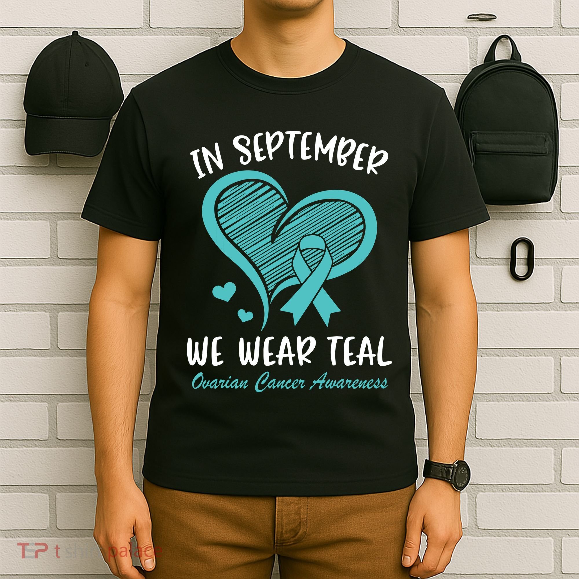 In September We Wear Teal Ovarian Cancer Awareness Heart T-Shirt