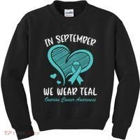 In September We Wear Teal Ovarian Cancer Awareness Heart Kids Sweatshirt thumb 0