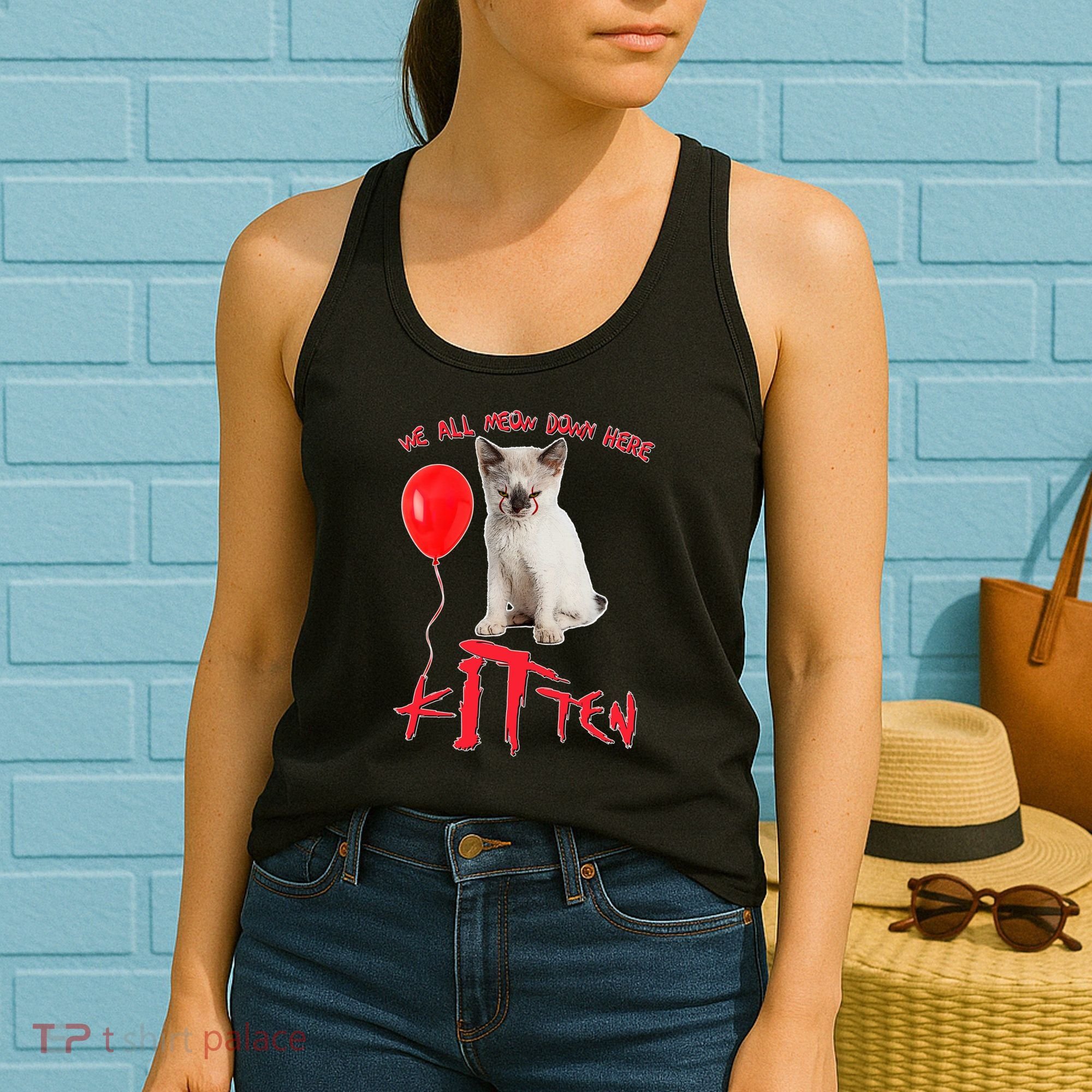 IT Kitten We All Meow Down Here Funny Halloween Women's Tank Top