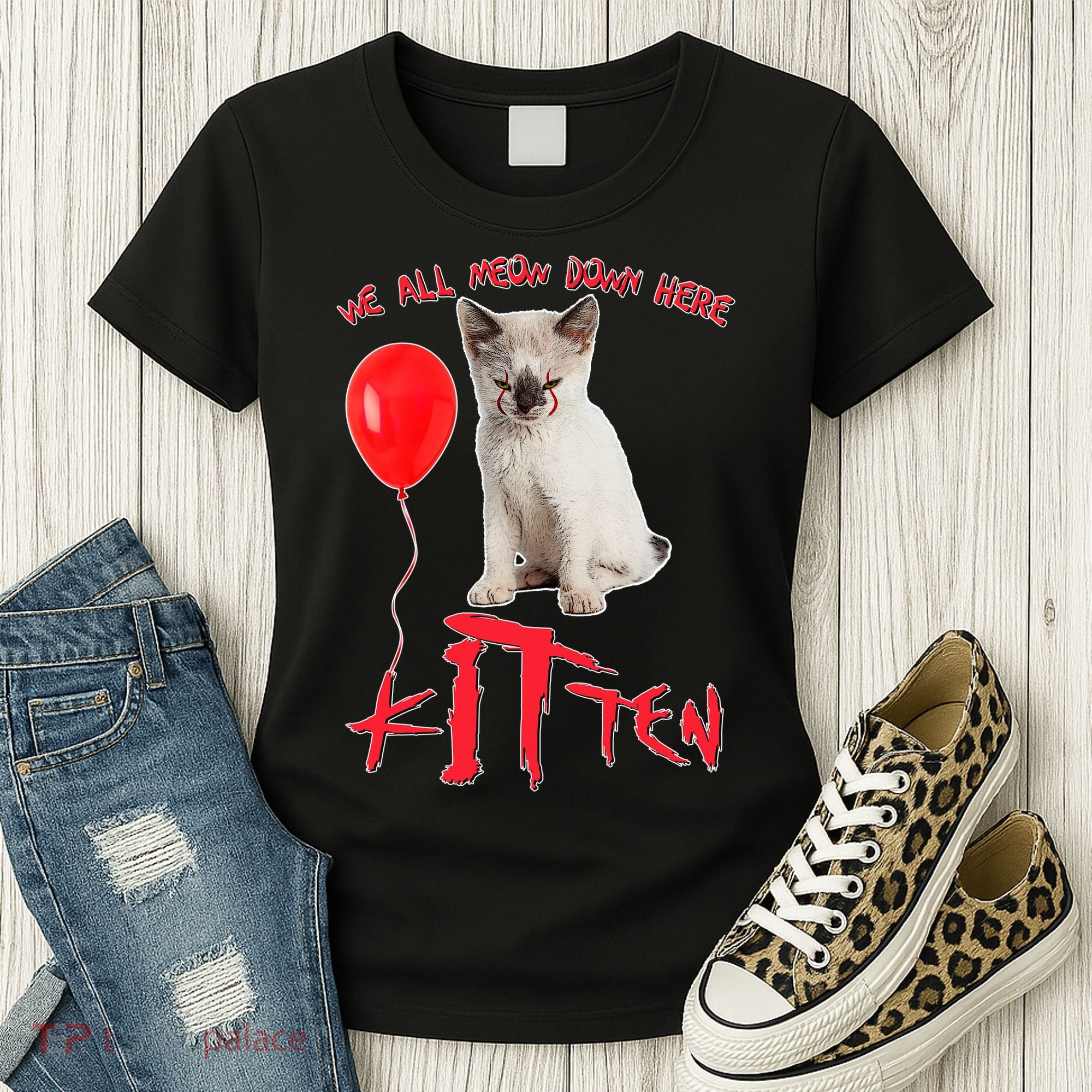 IT Kitten We All Meow Down Here Funny Halloween Women's T-Shirt