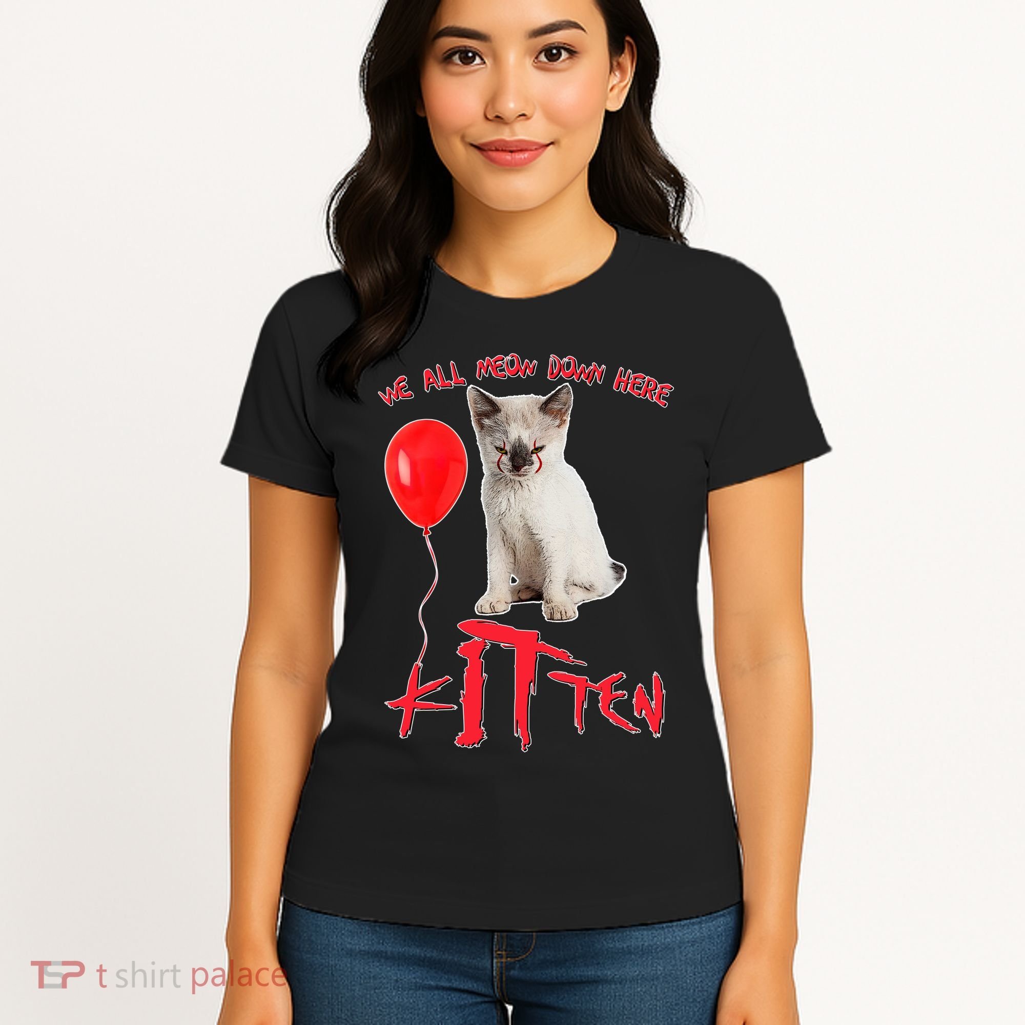 IT Kitten We All Meow Down Here Funny Halloween Women's T-Shirt
