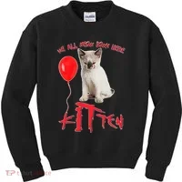 IT Kitten We All Meow Down Here Funny Halloween Kids Sweatshirt thumb 0