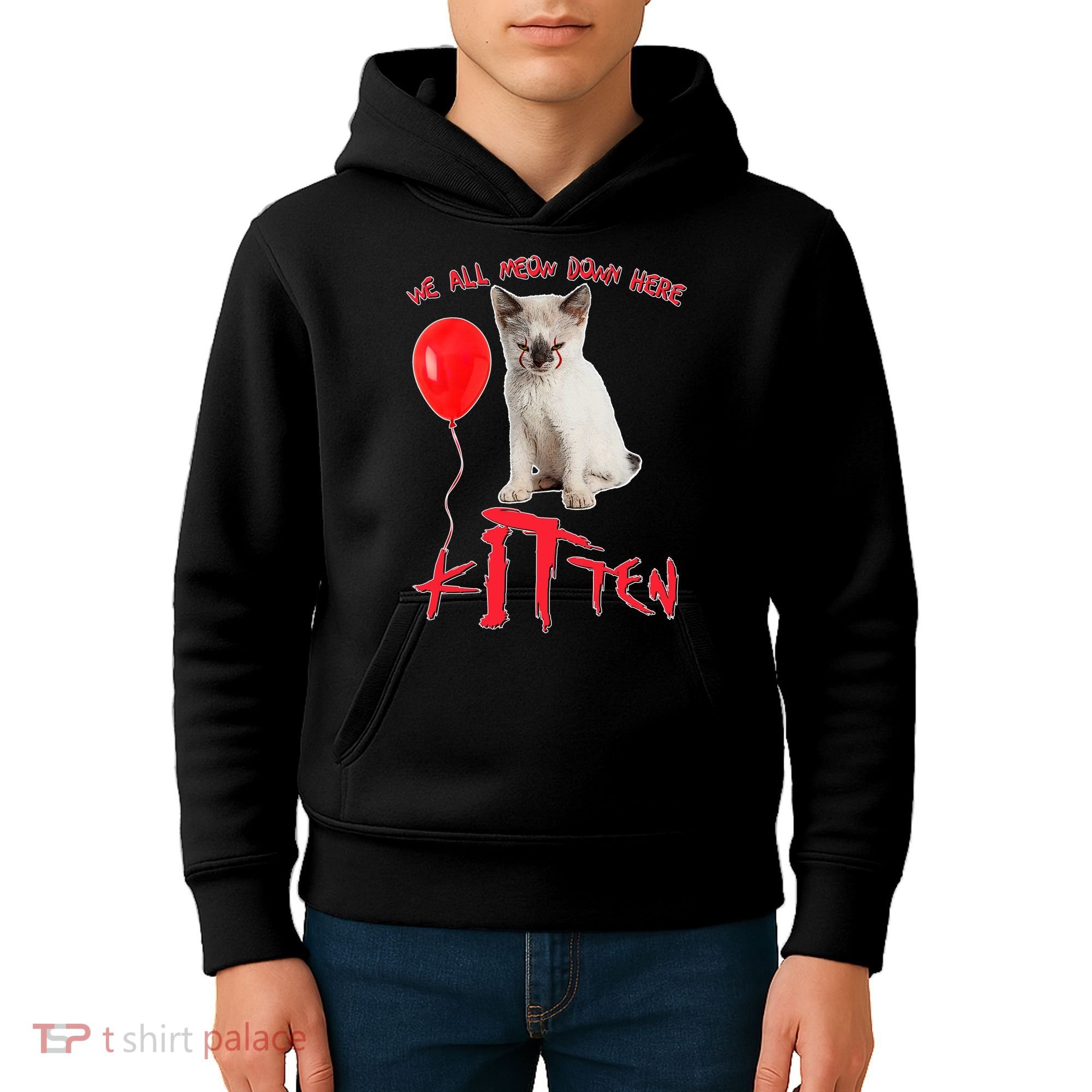 IT Kitten We All Meow Down Here Funny Halloween Kids Hoodie