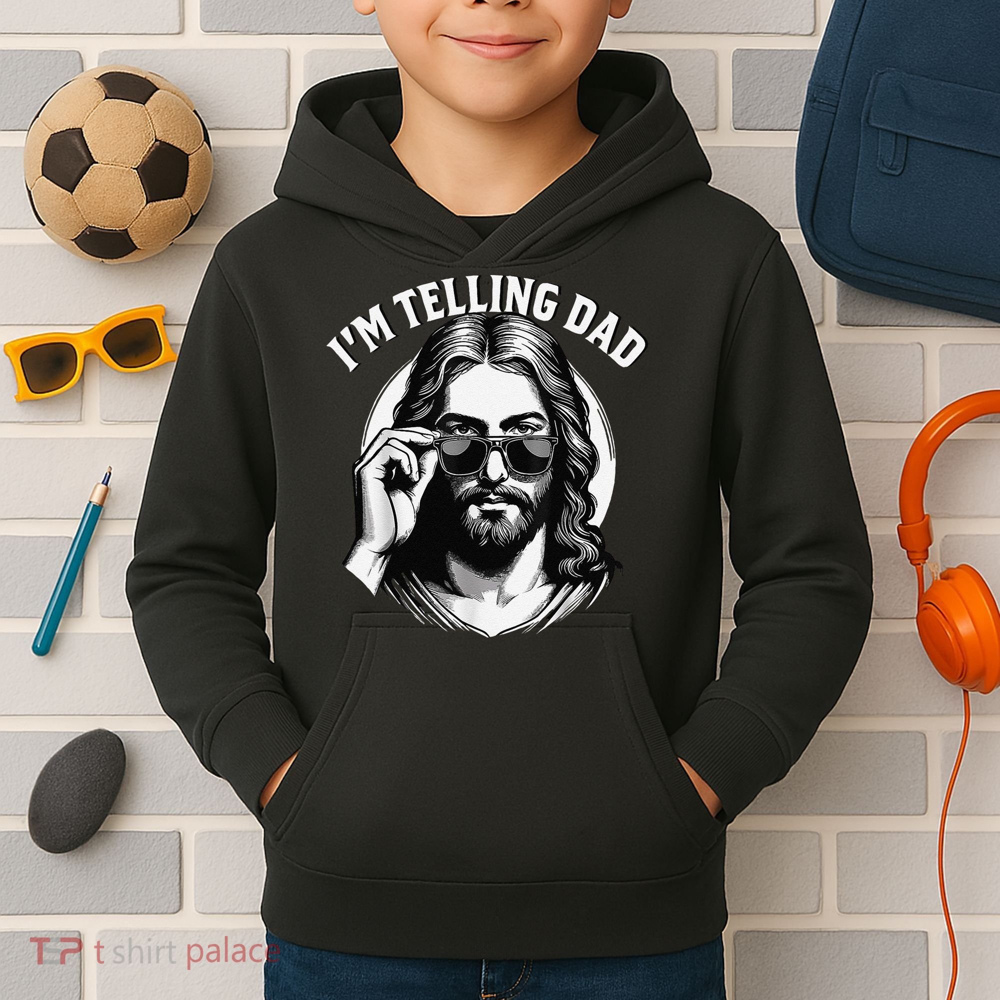 IM Telling Dad Jesus Wearing Sunglasses Kids Hoodie