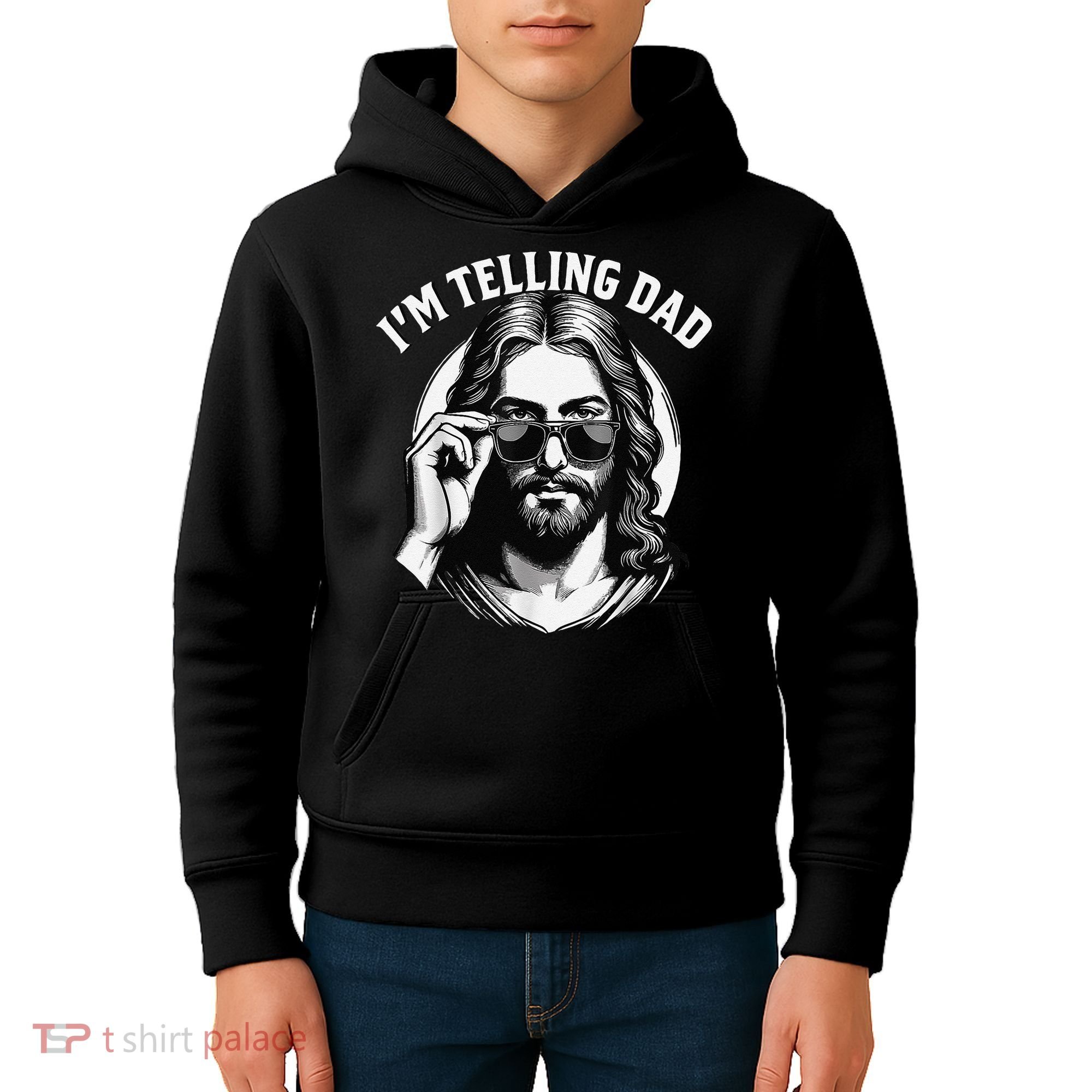 IM Telling Dad Jesus Wearing Sunglasses Kids Hoodie