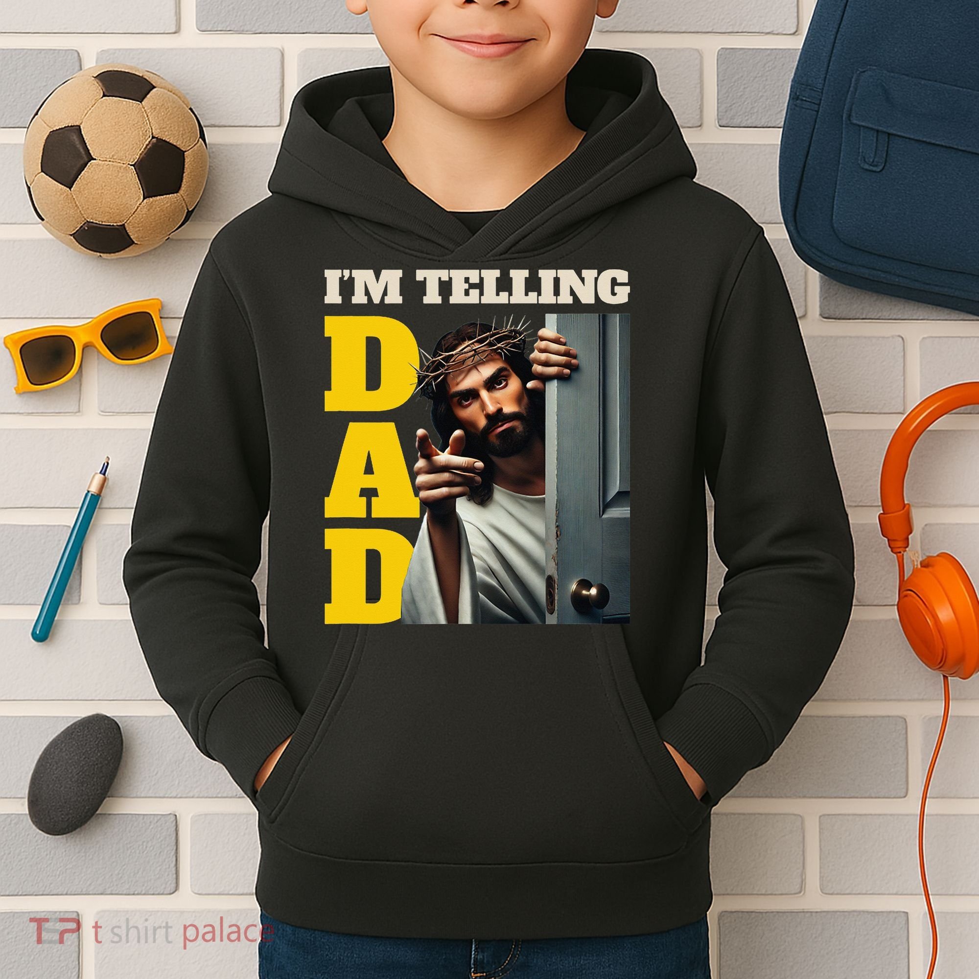 Im Telling Dad Funny Religious Christian Jesus Crown Kids Hoodie