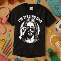 Im Telling Dad Funny Religious Christian Jesus Meme Kids T-Shirt thumb 3